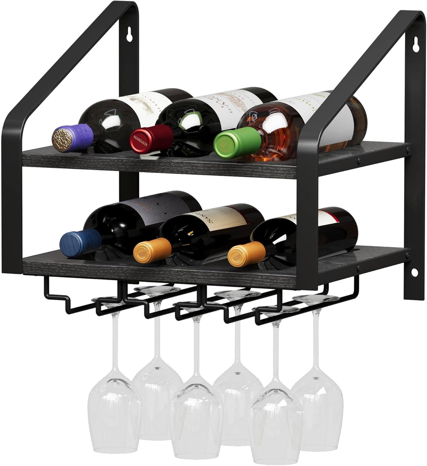 Wall Mounted Wine Rack for 6 Wine Bottles and 6 Glass Holder, 2-Tier Wall Wine Rack, Wood Wine Racks for Wall, Wood-Metal Wine Bottle Holder for Home Bar, Wine Kitchen Storage (Black)