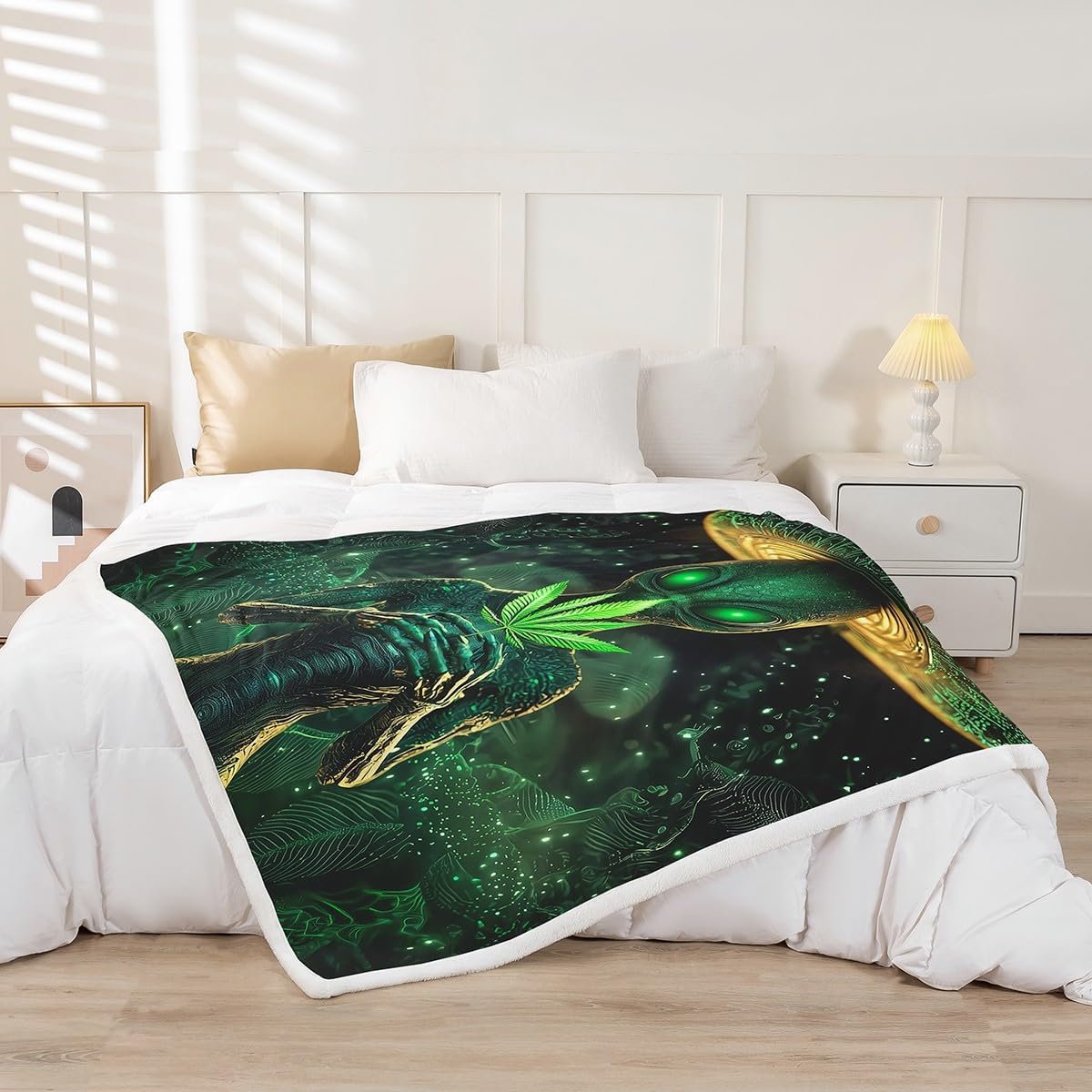Erosebridal Alien Blanket Queen 90x90, Abstract Spaceship Soft Throw Blanket for Sofa Bed, Green Botanical Sherpa Blanket for Kids Boys Teens, Psychedelic UFO Cozy Fleece Blanket
