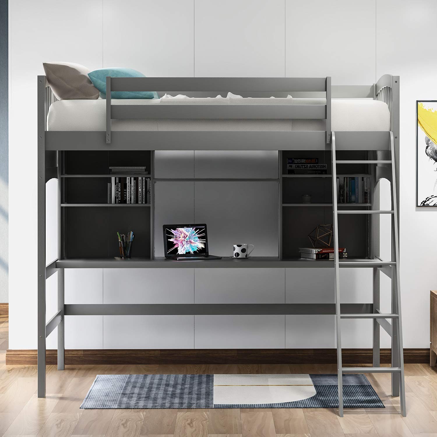 Buy SOFTSEA High Loft Bed with Desk, Storage Shelves and Ladder, Solid