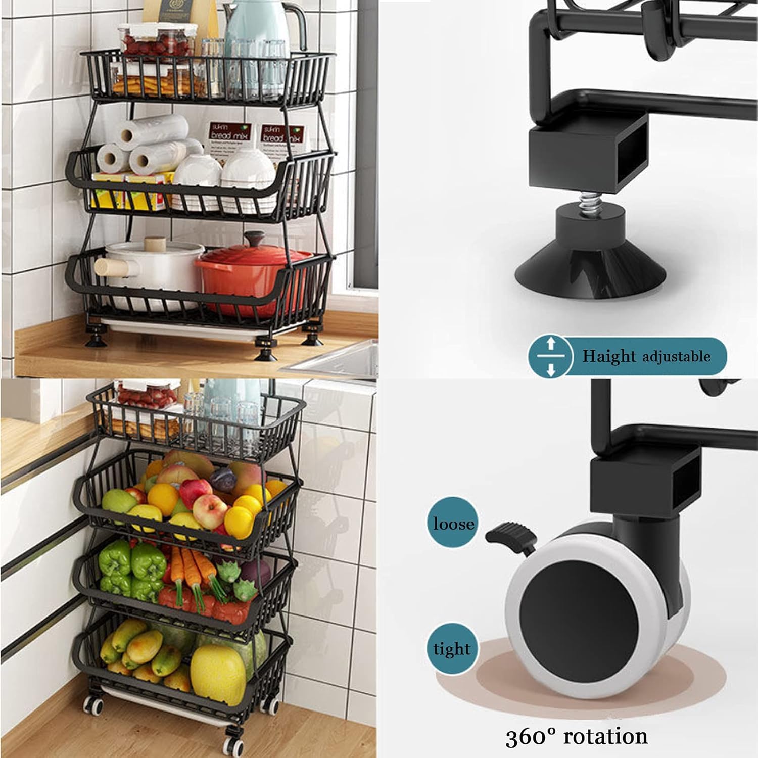 CarolynDesign Küchenaufbewahrungskörbe Schwarze Eisendraht-Aufbewahrungskörbe mit Rädern und Füßen, stapelbare Gemüseaufbewahrungskörbe (6-stufige Körbe)