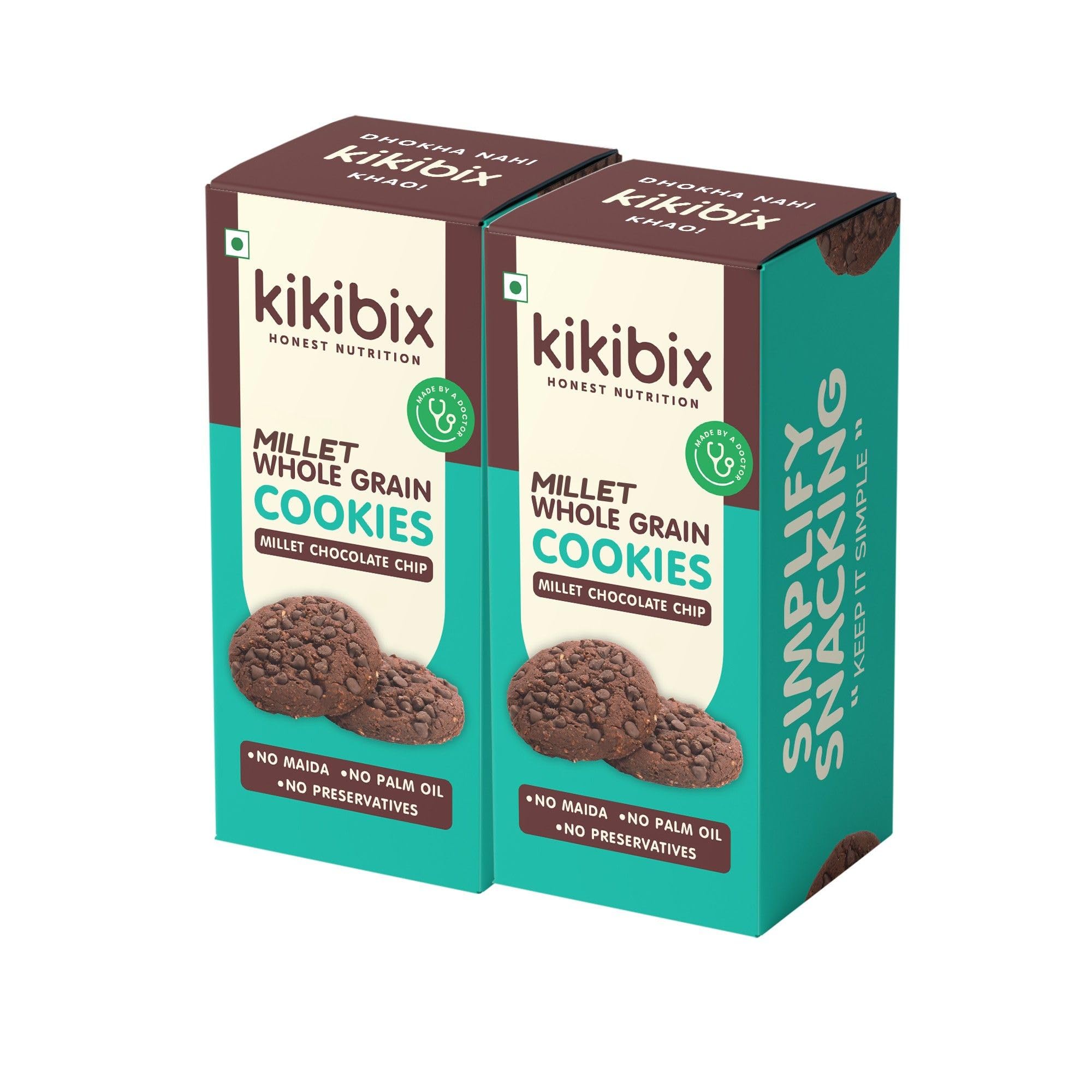 Kikibix Choco Chip Cookies | No Refined Sugar, No Maida, No Preservatives | Made with Jowar & Jaggery | Healthy Multigrain Millet Snack for Kids & Adults | 130gm (Pack of 2) | 24 Pieces