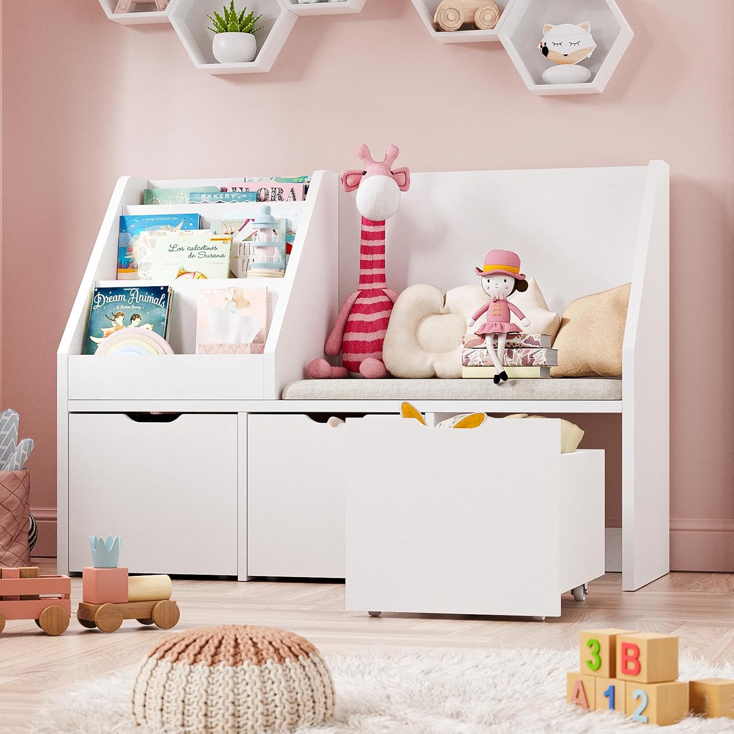 40" Kids Reading Nook with Bench, Toy Storage Organizer and Bookshelf with Seat Cushion, Kids Bookshelf with 3 Movable Drawers, Toy Storage Box on Wheels, Ideal for Nursery, Playroom, Bedroom, White - Image 4
