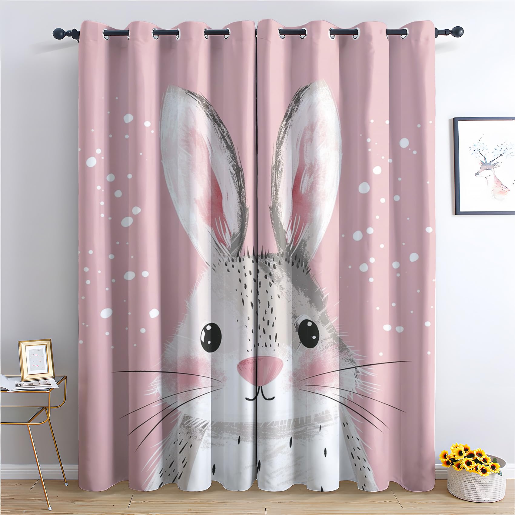 Zcwl Girls Rabbit Curtains For Bedroom Living Room - Kids Pink Blackout Curtains - Thermal Eyelet Curtains & Drapes - 90 Drop Patterned Window Treatments - 90X90 Inch (W X L) 2 Panels