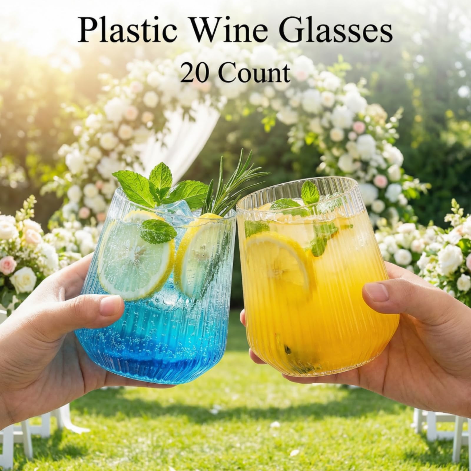 Tebery 20 Stück 14oz Plastic Ribbed Weingläser, 420ml Origami Style Ridged Drinking Glasses Tumbler, wiederverwendbare Vintage stiellose Becher für Champagner, Catering, Hochzeiten