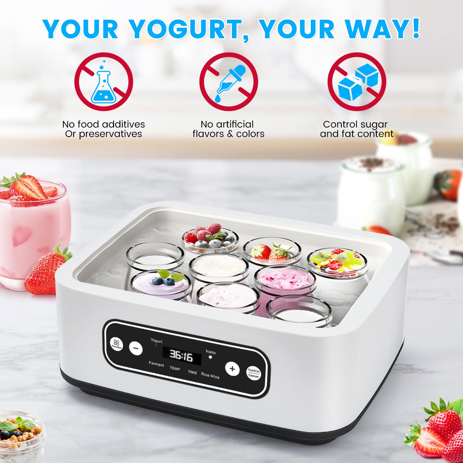 Jogurtbereiter, 9 Glasbehälter à 90 ml für bis 1,6L selbstgemachten Joghurt,Yogurt Maker mit Temperatur 20-55°C, Abschaltautomatik & LCD-Display, Joghurtmaschine weiß