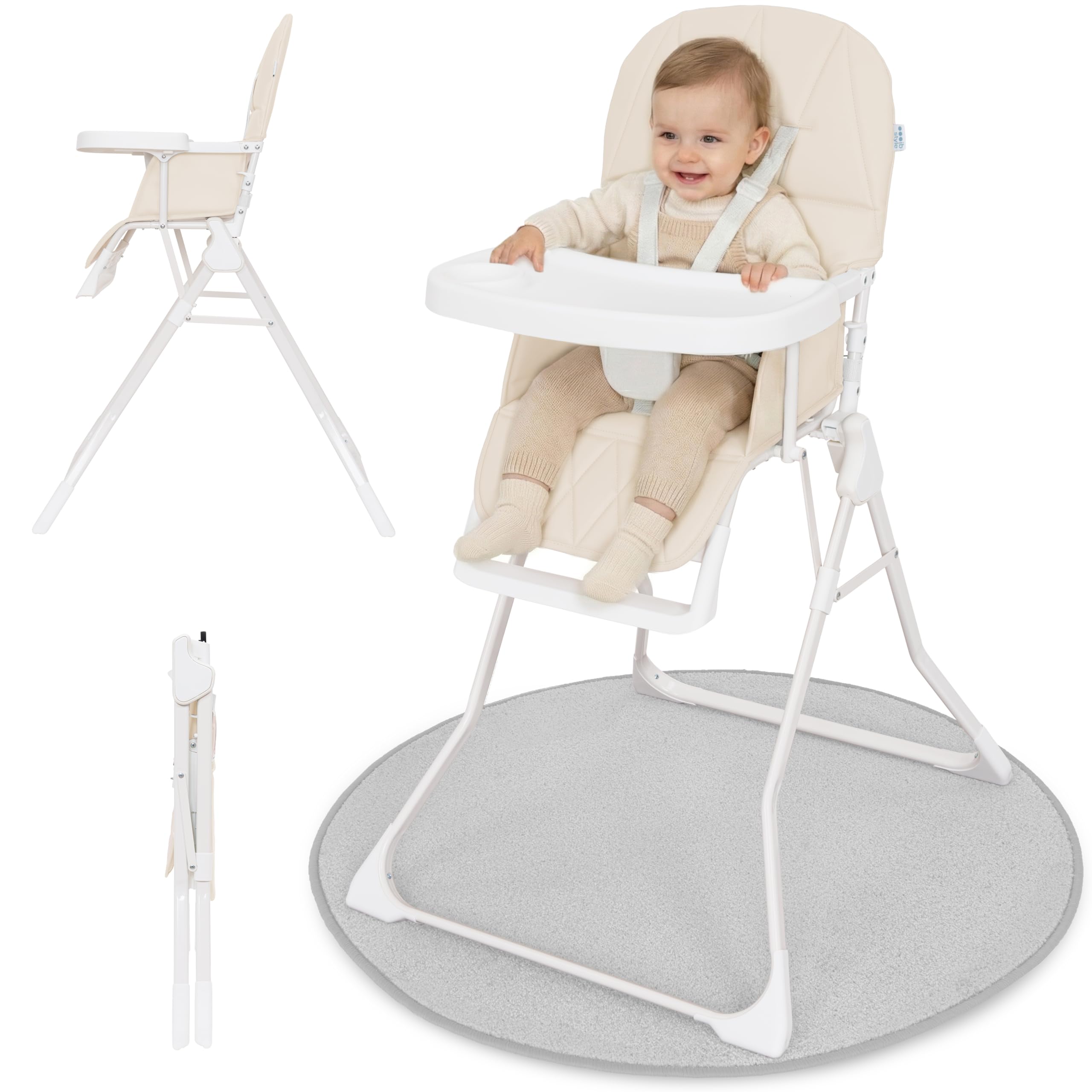 IB STYLE Baby Hochstuhl Leno - Kinderhochstuhl Klappbar & Platzsparend, Mitwachsend mit Tablett & Fußstütze, 5-Punkt-Gurt, Weiche Polsterung, Abwischbar, ab 6 Monate bis 3 Jahre (15kg), Sand