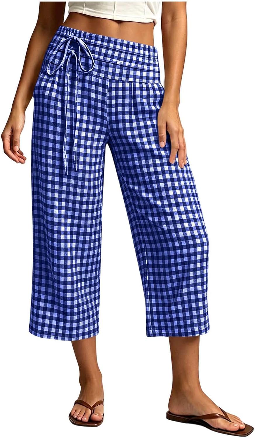 Womens Gingham Cropped Pants Drawstring High Waist Wide Leg Pants Lightweight Summer Fashion Casual Trousers