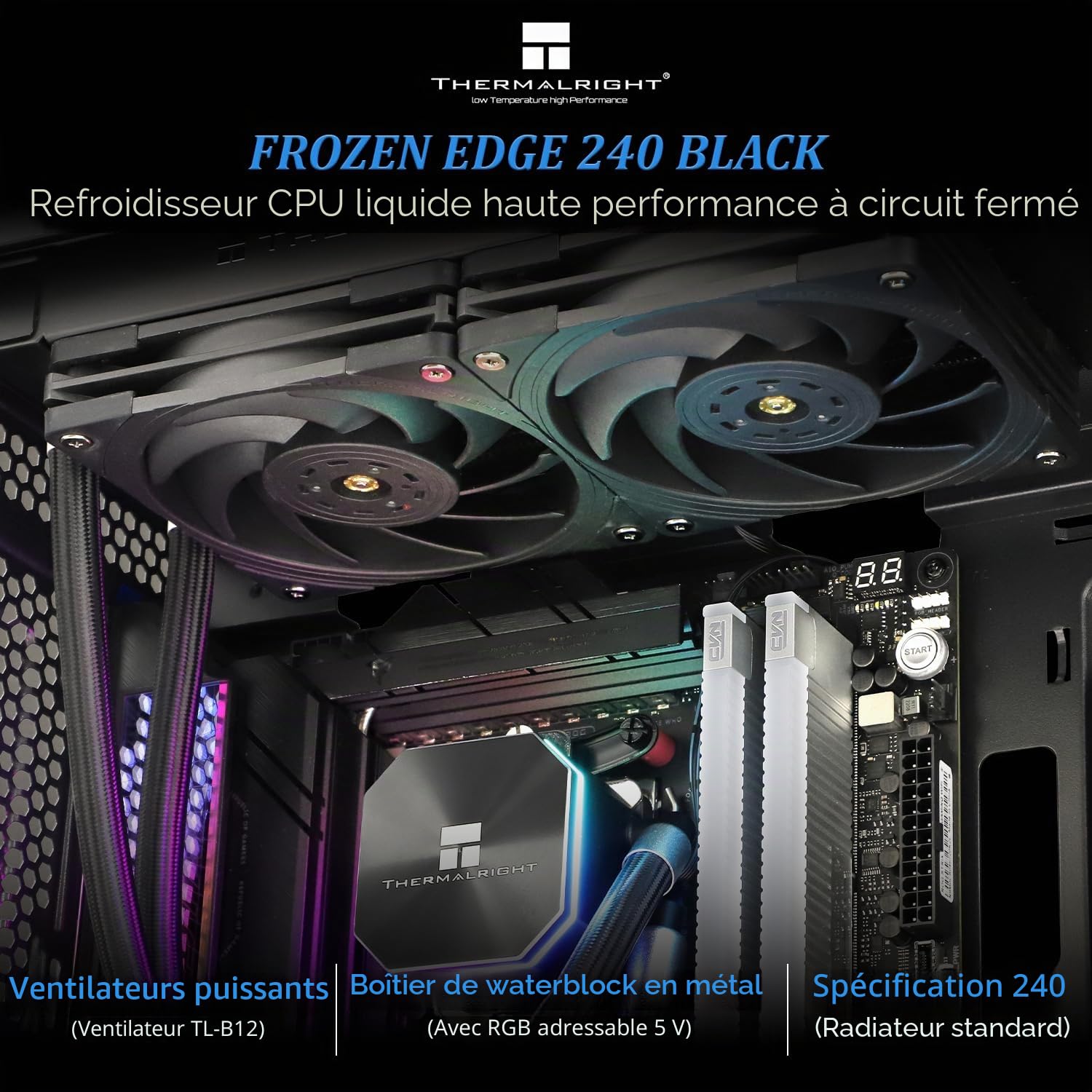TR Refroidisseur d'eau pour CPU Frozen Edge 240 noir avec ventilateurs PWM, vitesse de pompe 3300RPM, roulements S-FDB, pour AMD AM4/AM5,Intel LGA1150/1155/1200/1700/2011(FE240 Black)