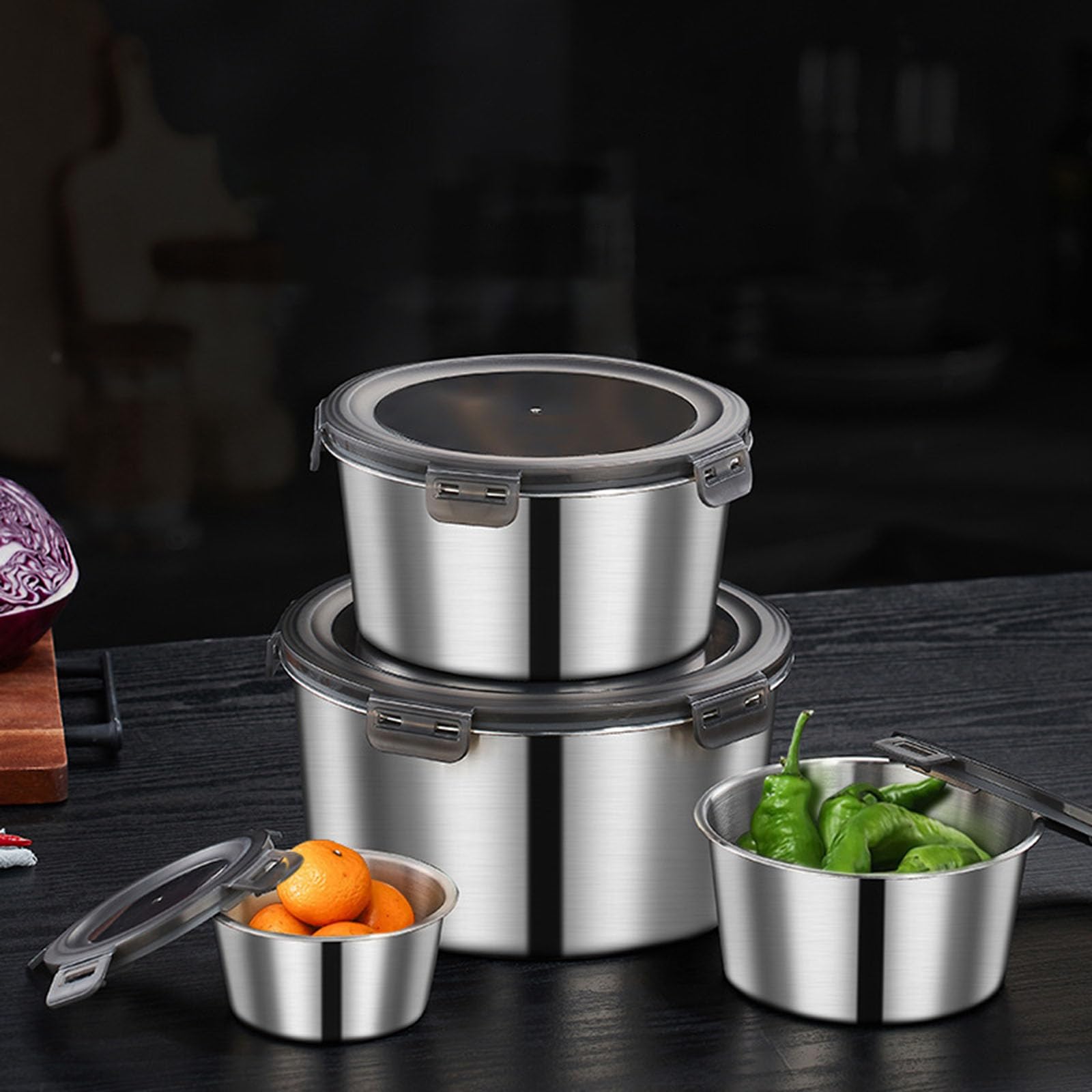 5 Stück Edelstahl-Lebensmittelbehälter, tragbare Lunchbox mit Deckel, stapelbare runde Aufbewahrungsschalen für Zuhause und draußen, stapelbare Lebensmittelaufbewahrungsschalen