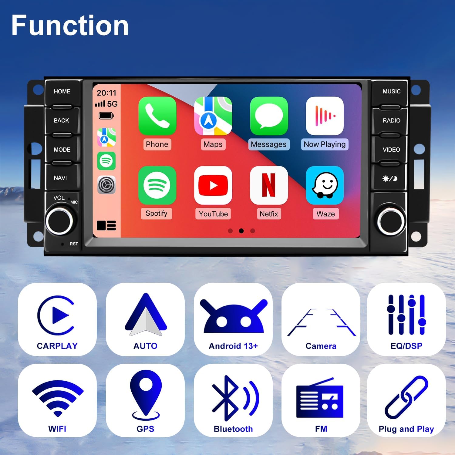 Car Radio for Jeep Liberty 2008-2012, Dodge Charger 2008-2010, Dakota 2008-2011, Journey 2009-2010, Chrysler Sebring 7'' Touchscreen Upgrade Stereo Carplay Android Auto Bluetooth GPS Camera 5GWiFi FM