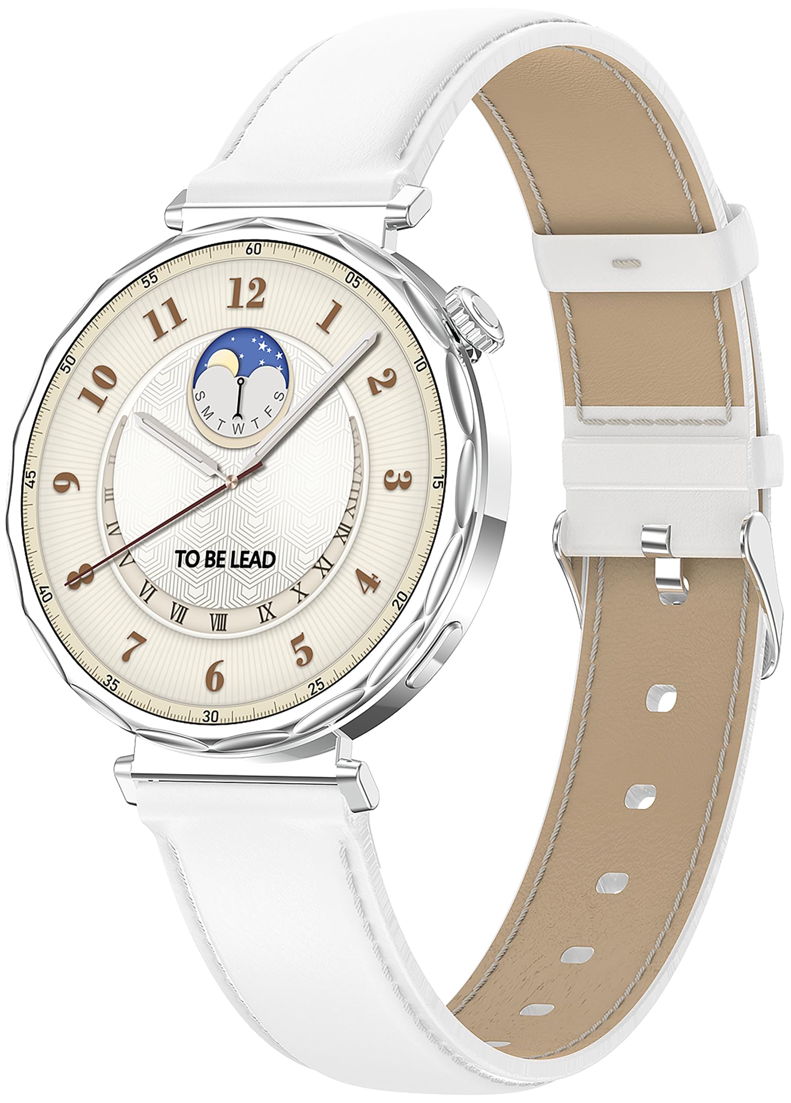 Loluka Smart Watch for Women, White Reloj Inteligente para Mujer for Android iOS with Answer/Make Calls/Pedometer/Sleep Monitor Round Elegant Smartwatch Leather