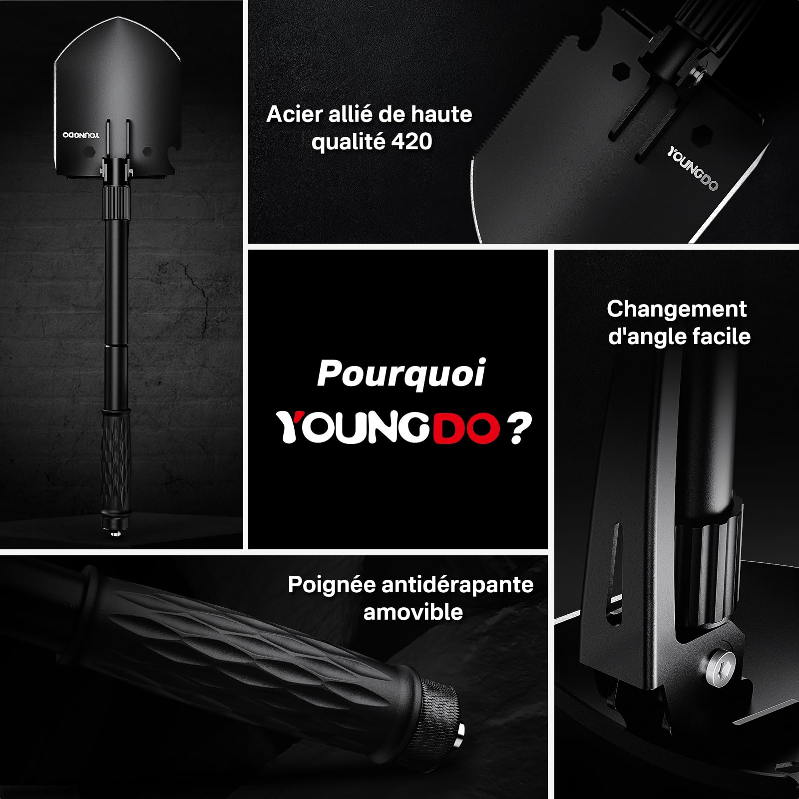 YOUNGDO Pelle Multifonction, Pelle Pliante 10 Fonctions, Pelle Pliante Multifonctionnelle pour Couper Branches, Camping, Survie, Randonnée et Jardinage (Pelle Pliable+ 2 Poignées)