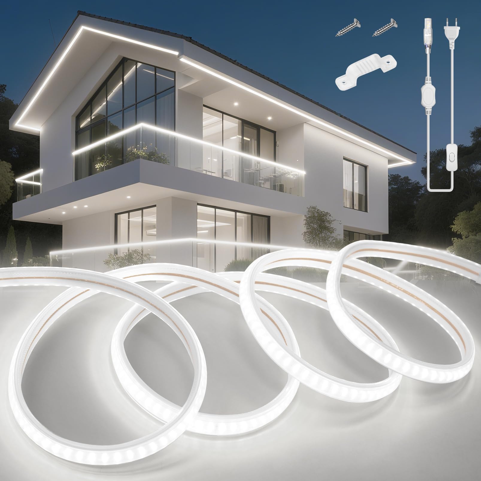 KSIBNW Striscia LED 220V Esterno Impermeabile IP65, 20M Strisce LED Bianco Freddo 6000K Luce Ultra Alta Luminosità 145LEDs/M Strip illuminazione per Decorazione Domestica Cucina Giardino, con Spina