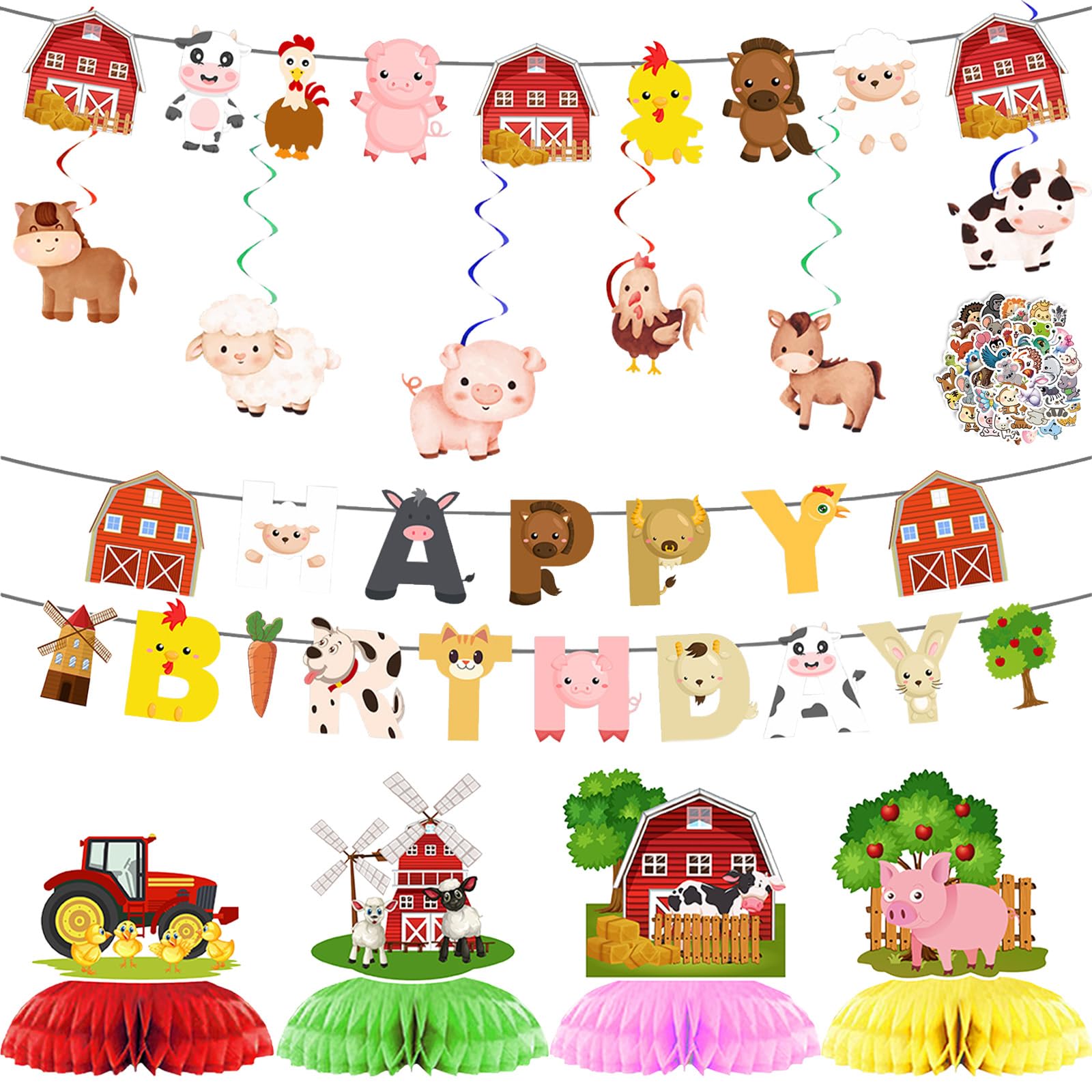 JYJLLM 38PCS Farm Animal Birthday Party Decoration Set, Barnyard Banner Honeycomb Swirls Stickers for Kids Boys Girls Farm Themed Celebration