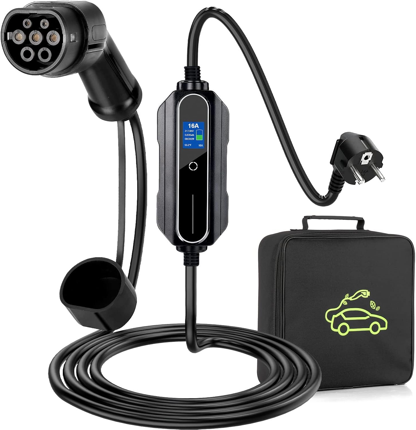 Cavo Ricarica Auto Elettrica Tipo 2 A Schuko 16A 3.6KW - 5 Metri, IP54, Con Borsa, Nero