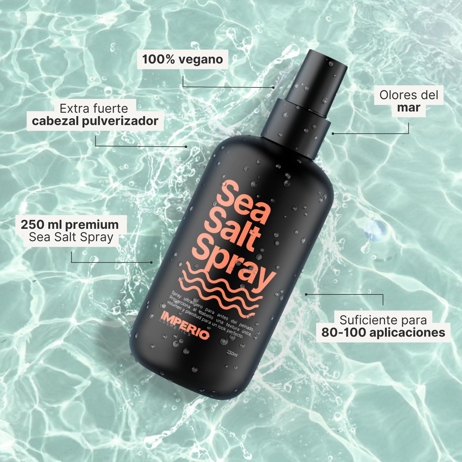 IMPERIO Sea Salt Spray - 250ml Spray Sal Marina Pelo para Más Volumen Y Textura Estable - Perfectas Ondas Surferas, Más Volumen y Agarre con Poder del Mar - Fragancia Unisex