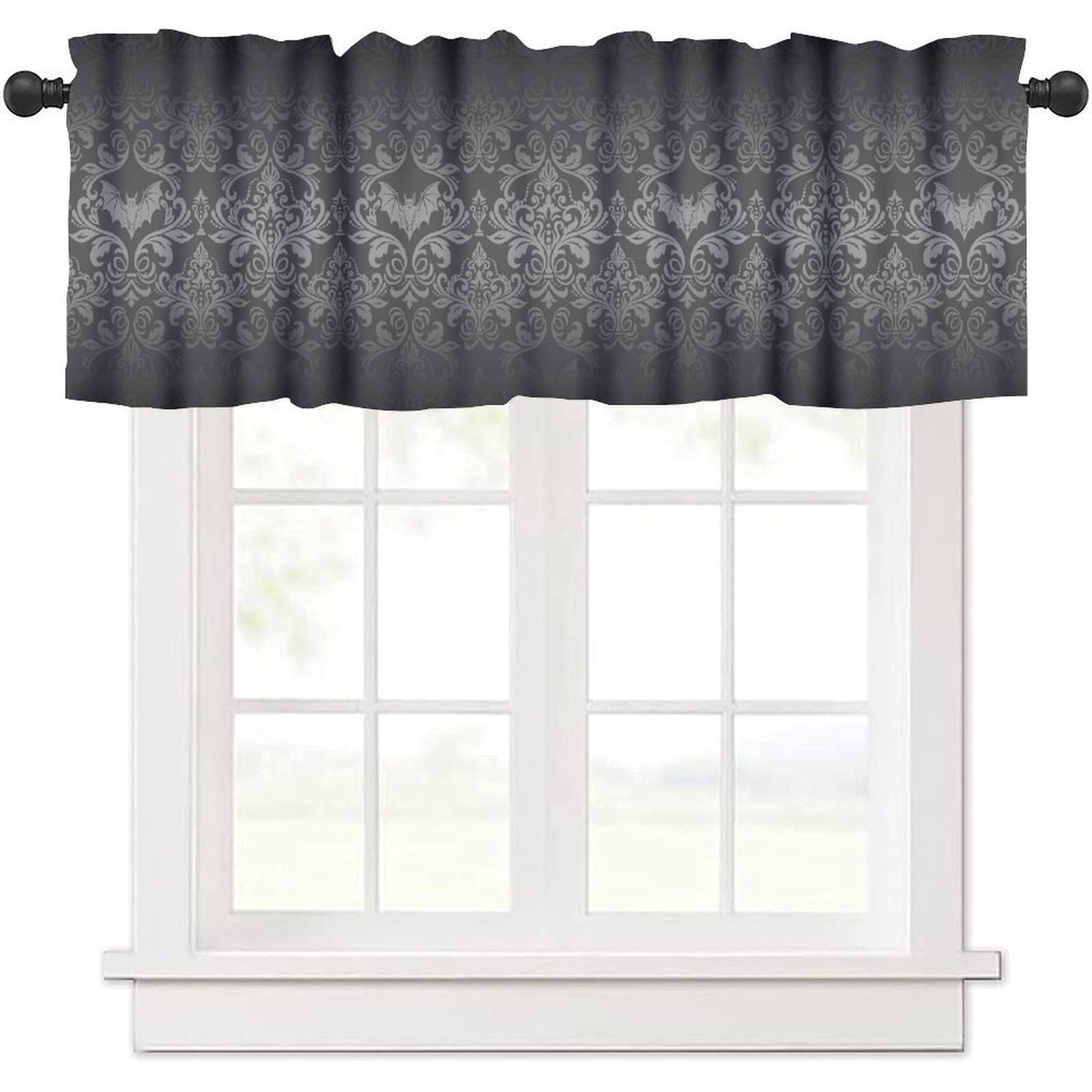 moderw Black Damask Gothic Vintage Window Valance Curtains Antique Floral Victorian Goth Window Treatments Bat Bats Skulls Bone Bohemian Valance Curtain for Farmhouse Living Room Kitchen 54x18inch