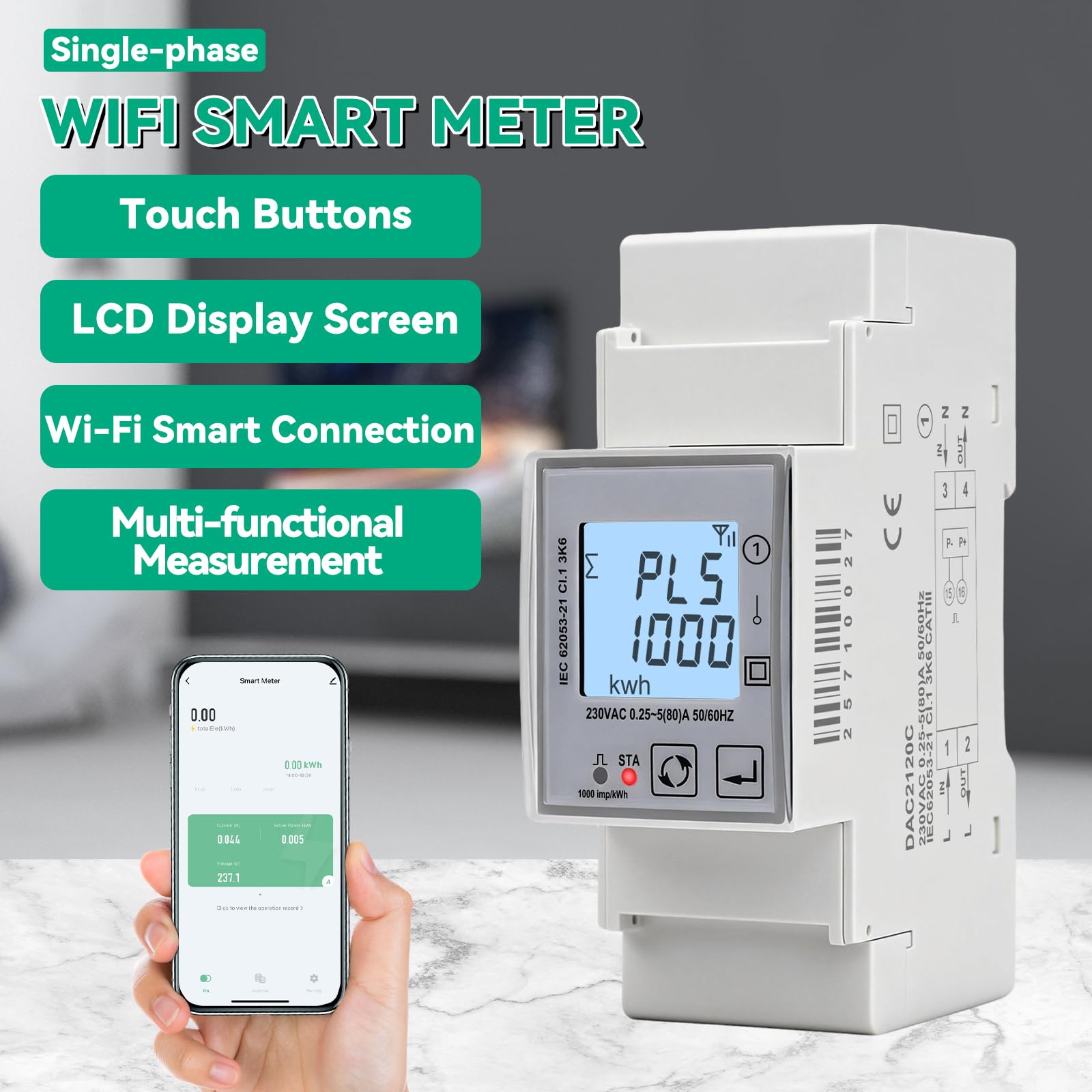Contatore energia elettrica wifi 80A Tuya misuratore di consumo elettrico AC230V misuratore consumo elettrico monofase digitale LCD 1000 imp/kWh Protezione da sovratensione e sovracorrente DAC2120C