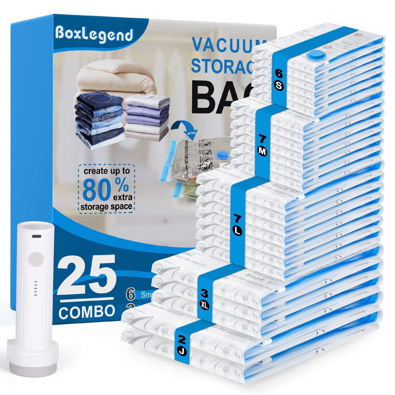 BoxLegend Vakuumbeutel für Kleidung & Bettdecken mit Vakuumpumpe, 25 Stück Vakuumierbeutel 2 Jumbo + 3 Extra Groß + 7 Groß + 7 Mittel + 6 Kleine, Perfekt für Reise & Lagerung Aufbewahrungstasche