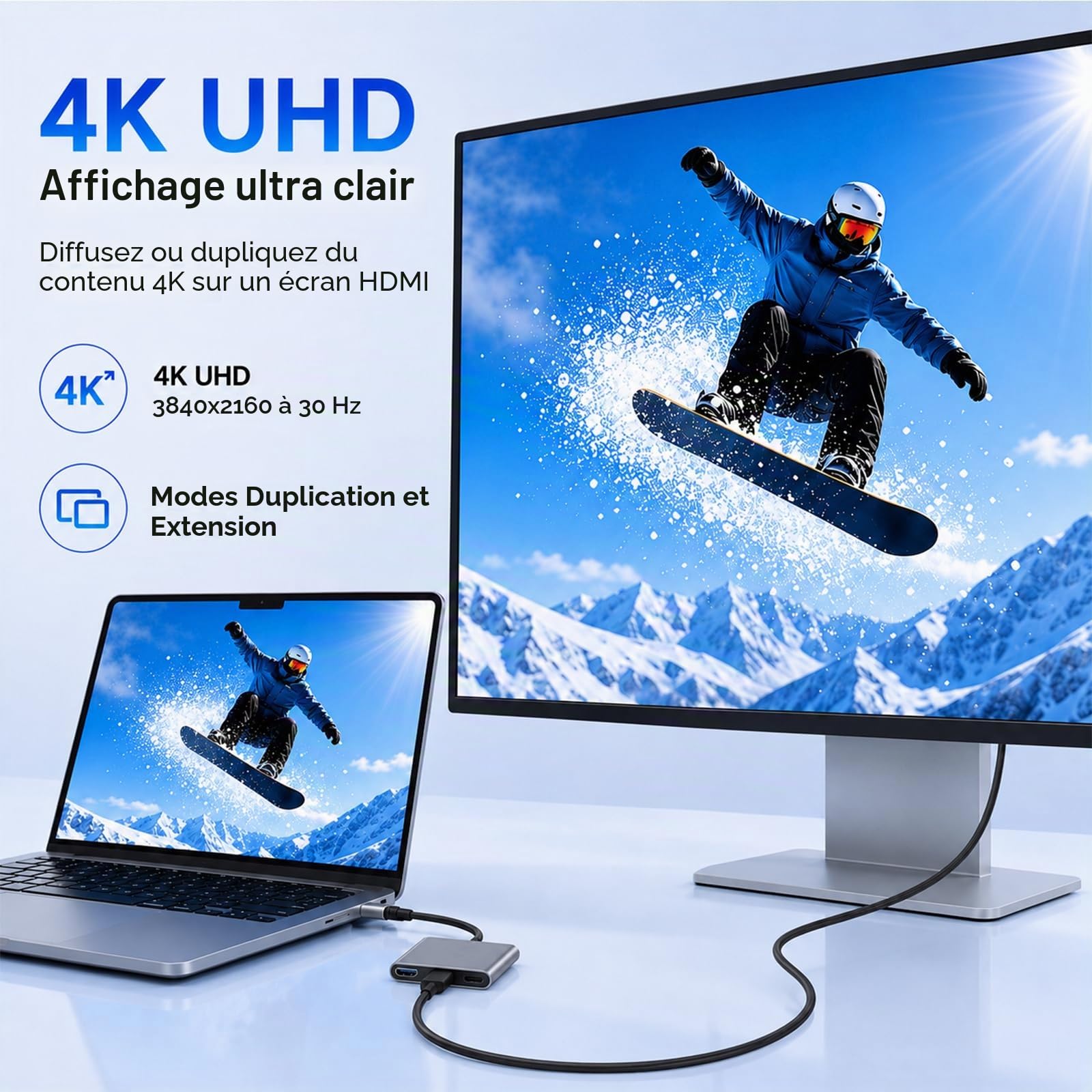 Adaptateur USB C vers HDMI 4K, Hub Multiport 3 en 1 avec PD Charge 100W, USB 3.0 pour Samsung MacBook Pro