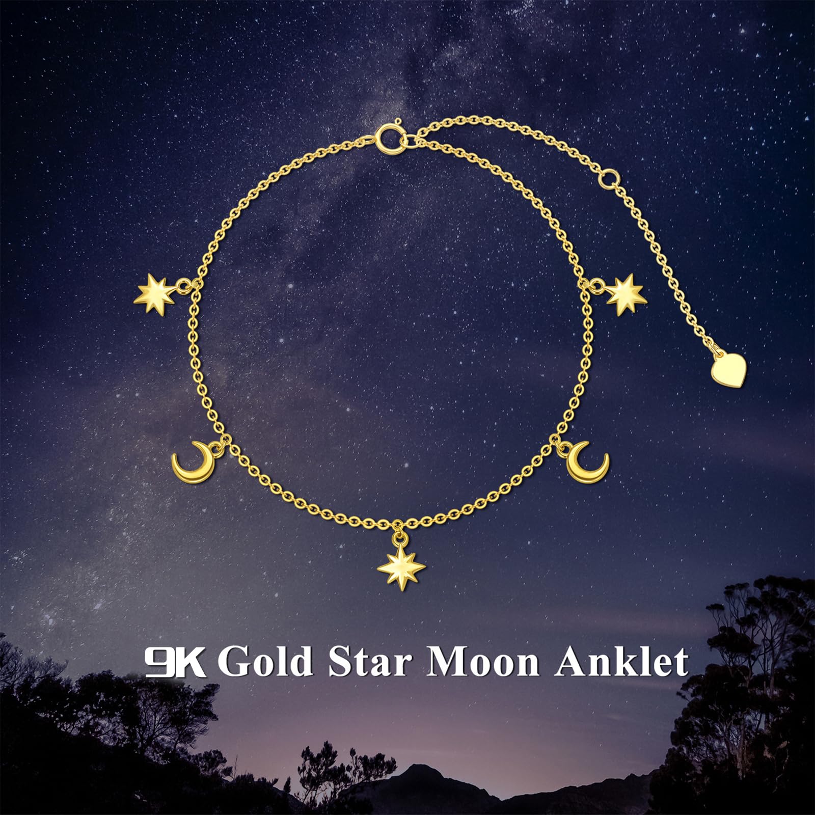 375/9K Echtgold Stern Mond Fußkettchen für Damen, Gelbgold Mond-Stern Quasten Fußkettchen, Exquisit Schmuckgeschenk zum Jahrestag Geburtstag für Ehefrau Mutter Freundin, 20+5cm