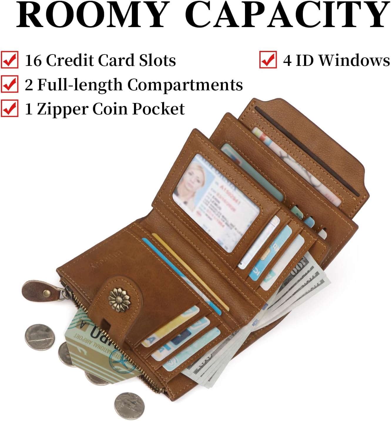 Wallet Women,RFID Blocking Leather Womens Wallet Bifold Compact Card Holder Small Wallet for Women with Removable ID Window zsbrown - Image 3