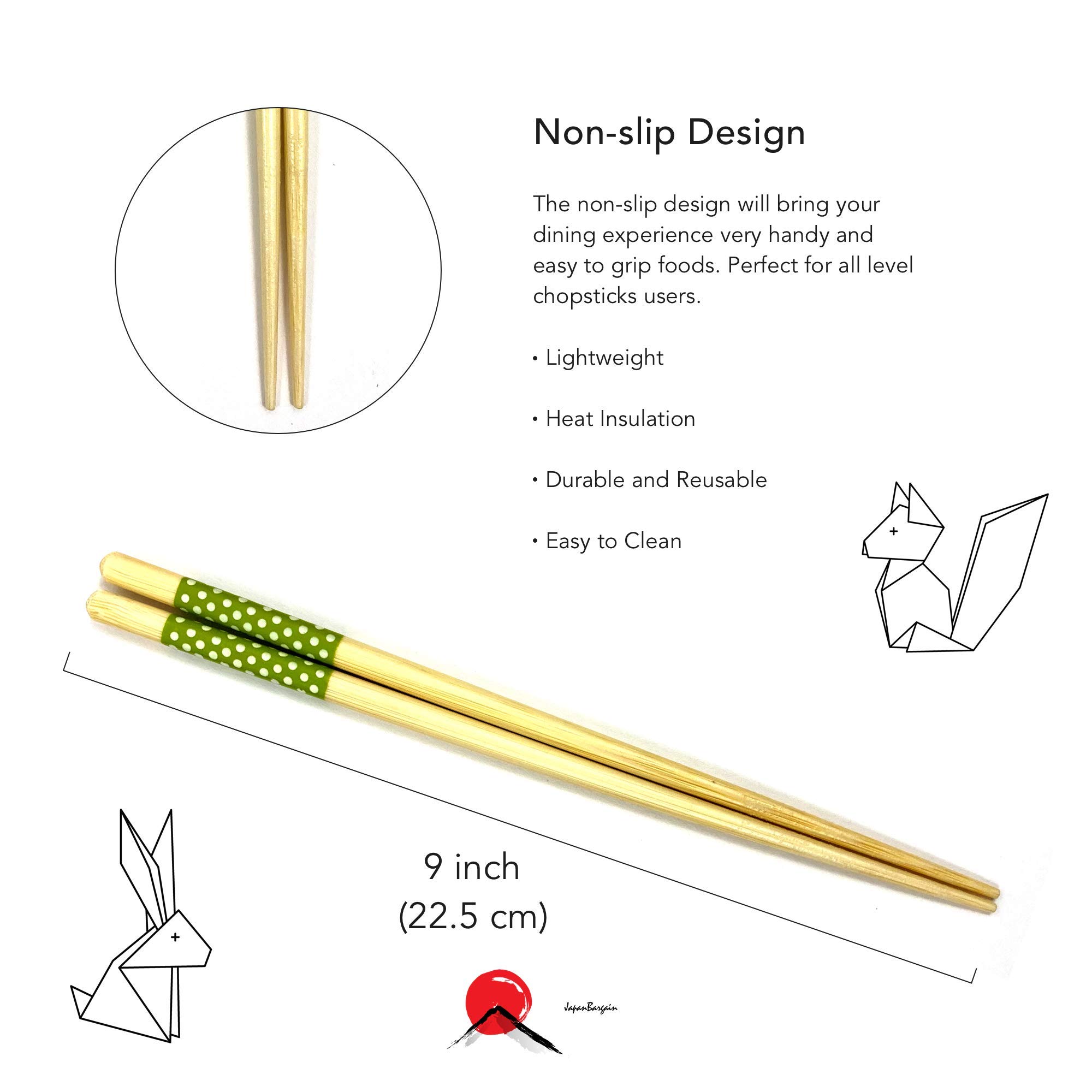 JapanBargain, Bamboo Chopsticks Reusable Japanese Chinese Korean Wood Chop Sticks Hair Sticks 5 Pair Gift Set Dishwasher Safe, 9 inch (1, Ivory-Dot) — Amazon image 3