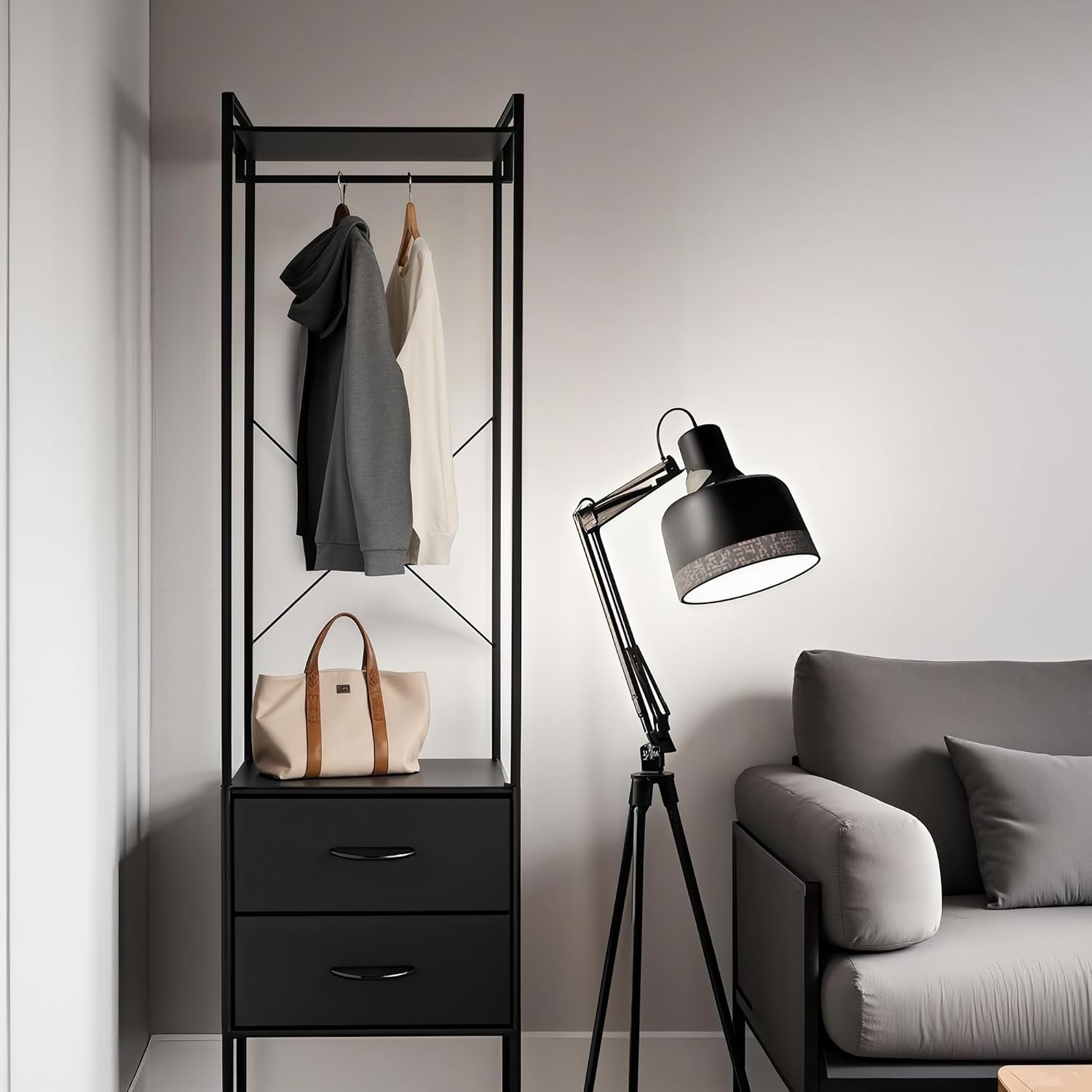 Clothing Rack with 2 Fabric Drawers - Black Steel Frame & Wood Shelf - Durable Clothes Stand Organizer with Hanging Rod - Space-Saving Closet Storage for Shirts, Dresses & Jackets