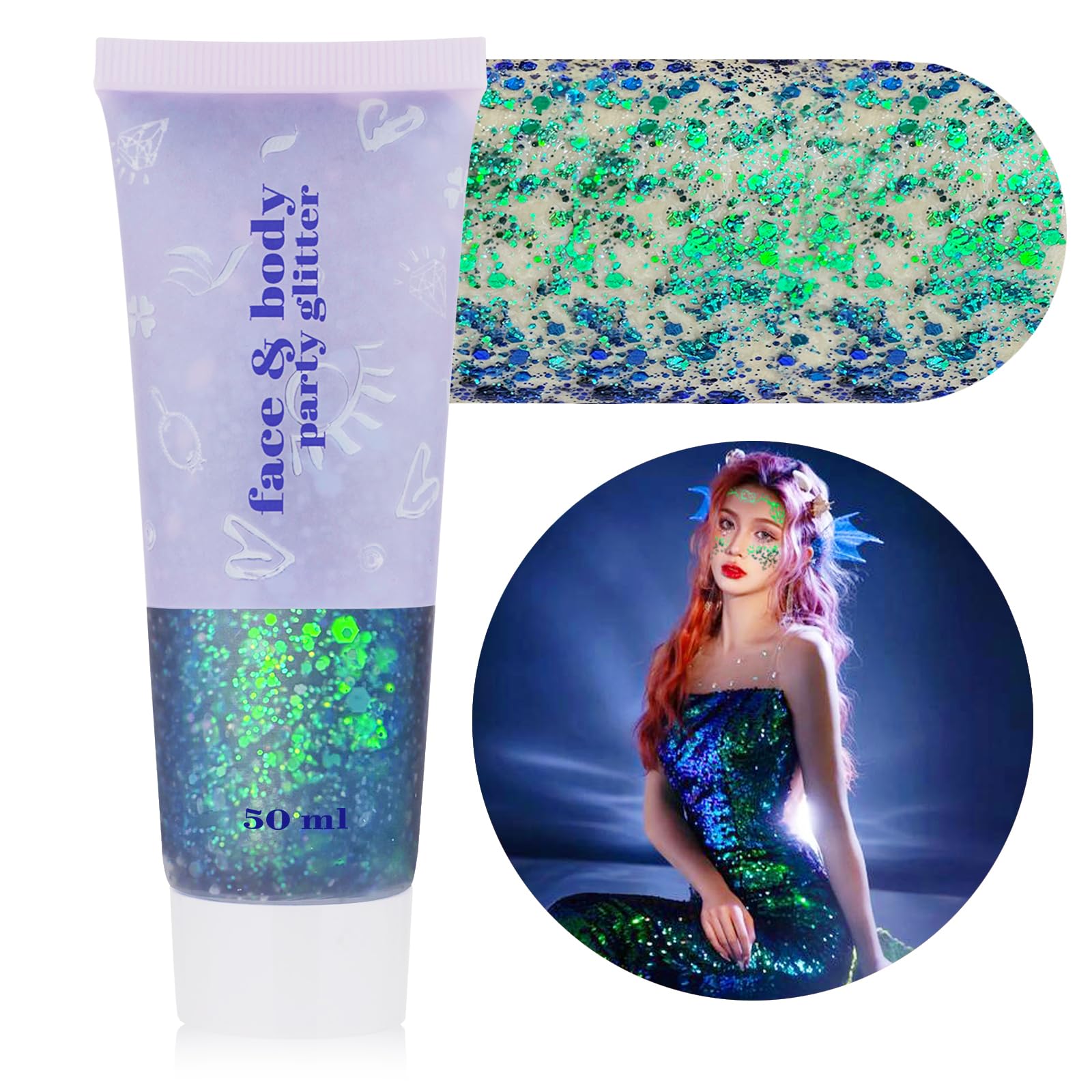 MEICOLY Chameleon Green Face Body Glitter,Holographic Self-Adhesive Face Glitter,Color Changing Mermaid Face Glitter,Halloween Glitter Face Paint for