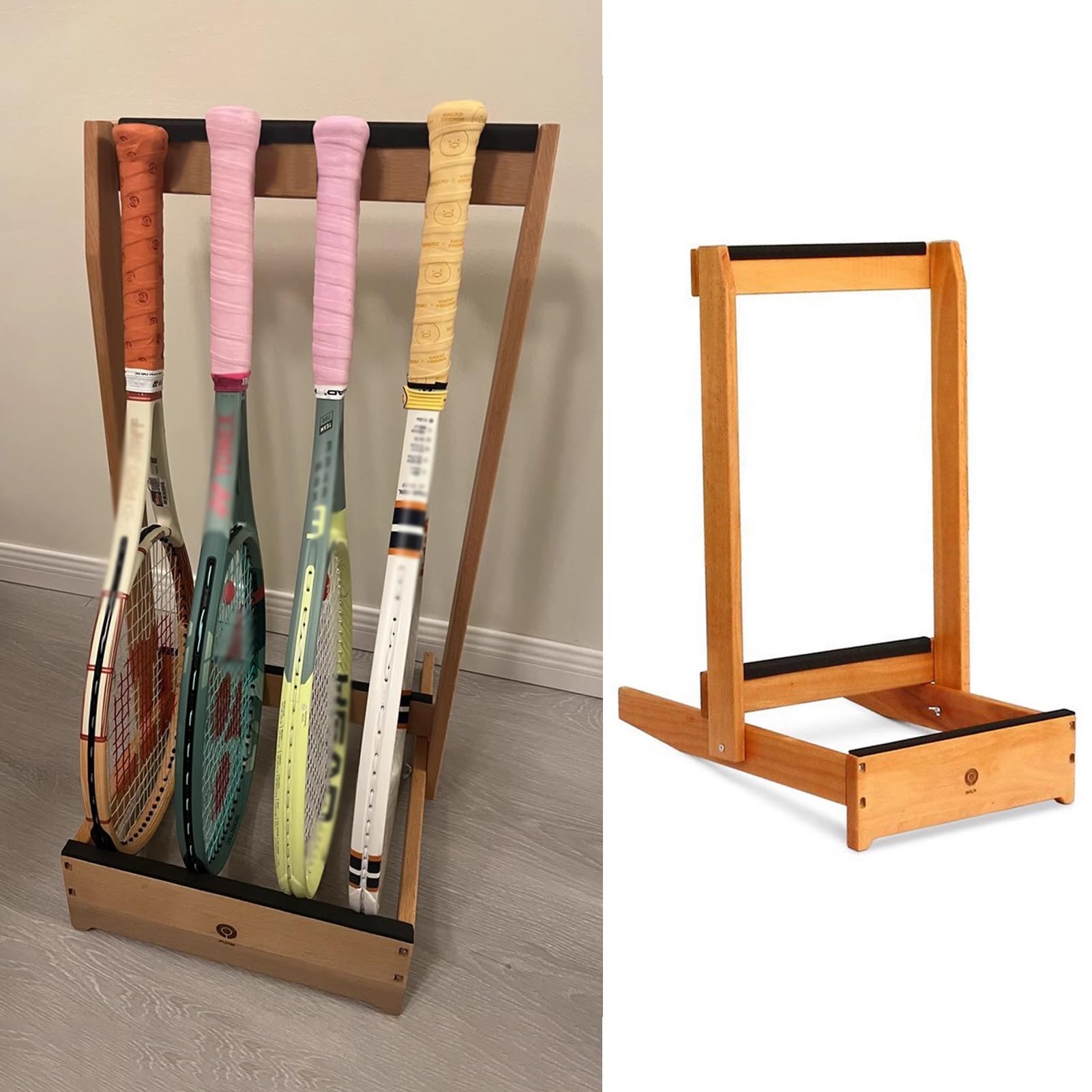 Espositore multi-racchetta, contiene 6 racchette, organizer da pavimento in legno per strumenti a corda e tennis