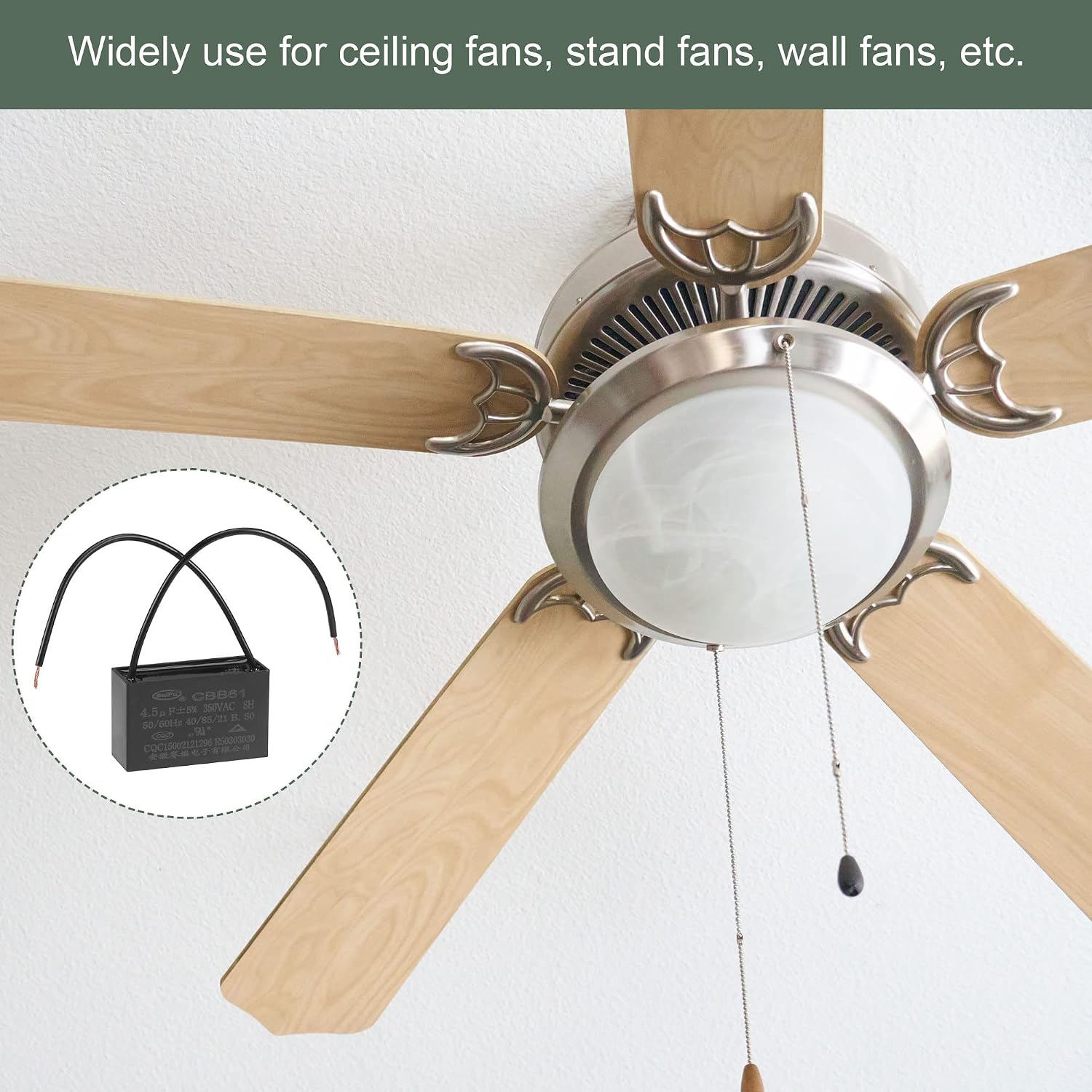 YOKIVE 2Pcs Ceiling Fan Capacitor CBB61, Metallized Polypropylene Film Capacitor Great for Fans Pumps Motors Running (4.5uF 350V AC 2 Wires 50/60Hz)