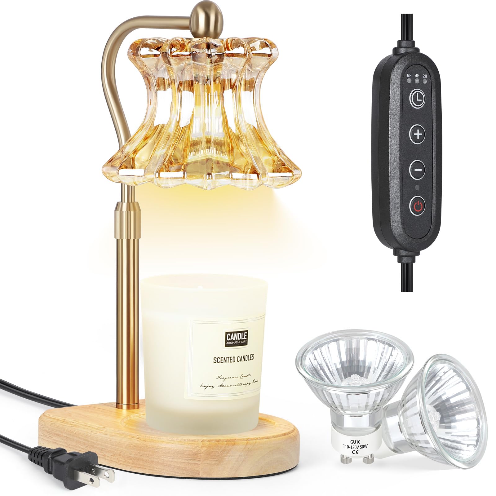 Lampada Candela, Lampada Scalda Candele with Dimmer 2/4/8H, Profumata Candle Warmer, Dimmable, Altezza Regolabile, con 2 Lampadine (Oro)