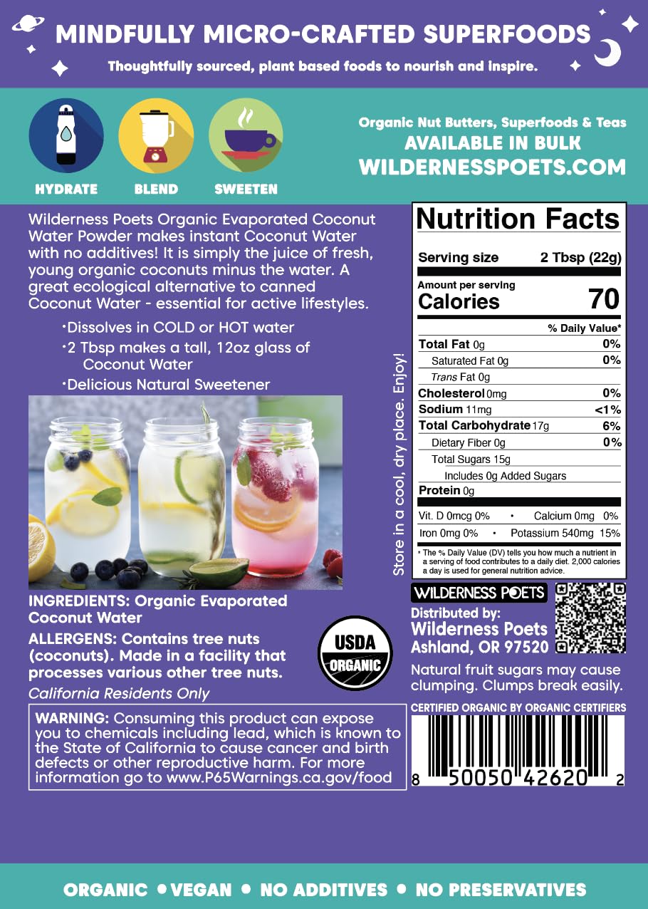 Wilderness Poets, Organic Evaporated Coconut Water Powder - 100% Coconut Water Powder - No Maltodextrin, No Fillers, No Additives - 1 Ingredient - Instant Mix (32 Ounce)