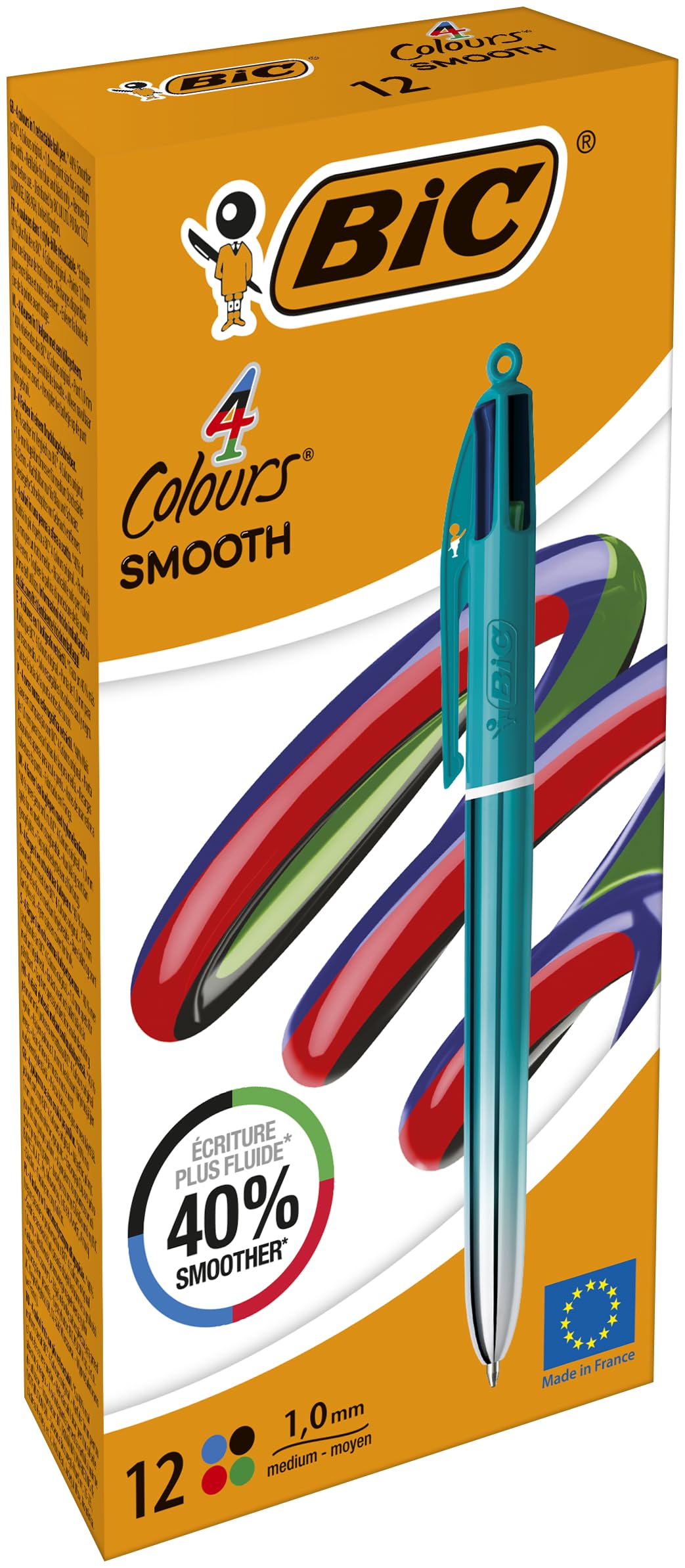 Penna sfera a scatto 4 Colori Smooth - 1.0 mm - fusto verde acqua - Bic - conf. 12 pezzi