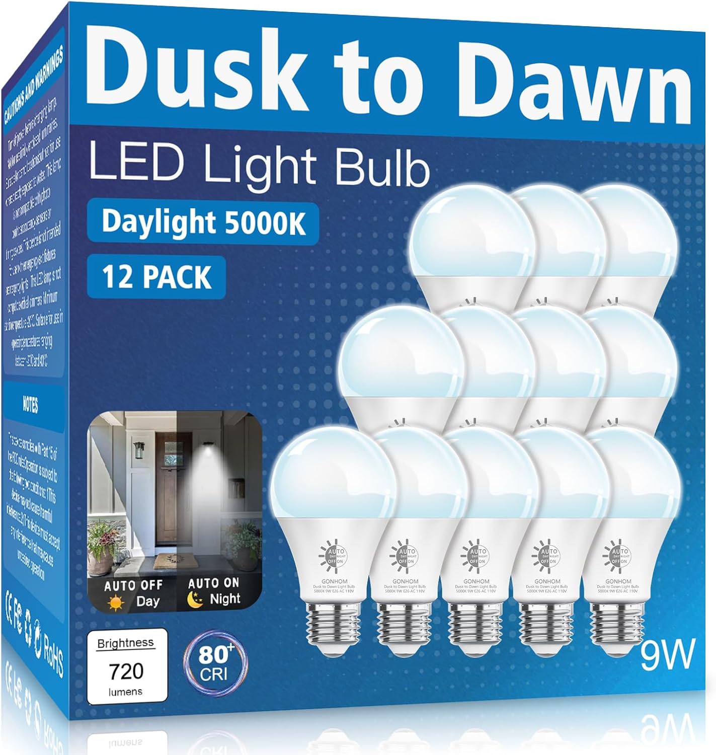 Gonhom 12 Pack Dusk to Dawn LED Outdoor Light Bulb, 5000K-Daylight Dusk to Dawn Light Bulbs, 720LM, 9W(60W Equivalent) A19 E26 Automatic On/Off LED Outdoor Light Bulbs for Porch Lights Garage Patio