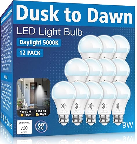 Paquete de 12 bombillas LED para exteriores del anochecer al amanecer, 5000 K-luz diurna del atardecer al amanecer, 720 LM, 9 W (equivalente a 60 W)