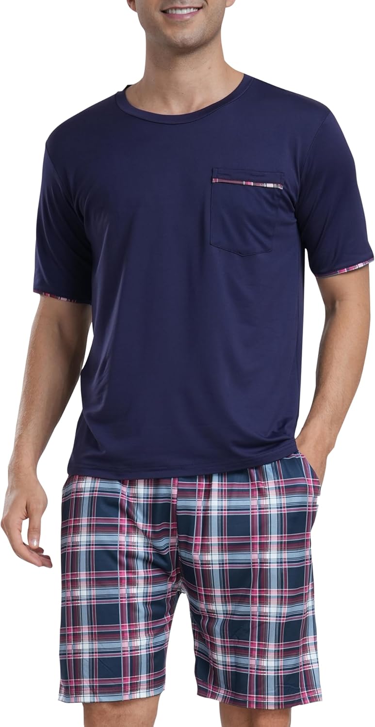 MoFiz Mens Pajamas Set Sleepwear Sleep Shirt and Shorts Pajama Set Lightweight Soft Mens Pjs Lounge Set with Pockets - Image 2