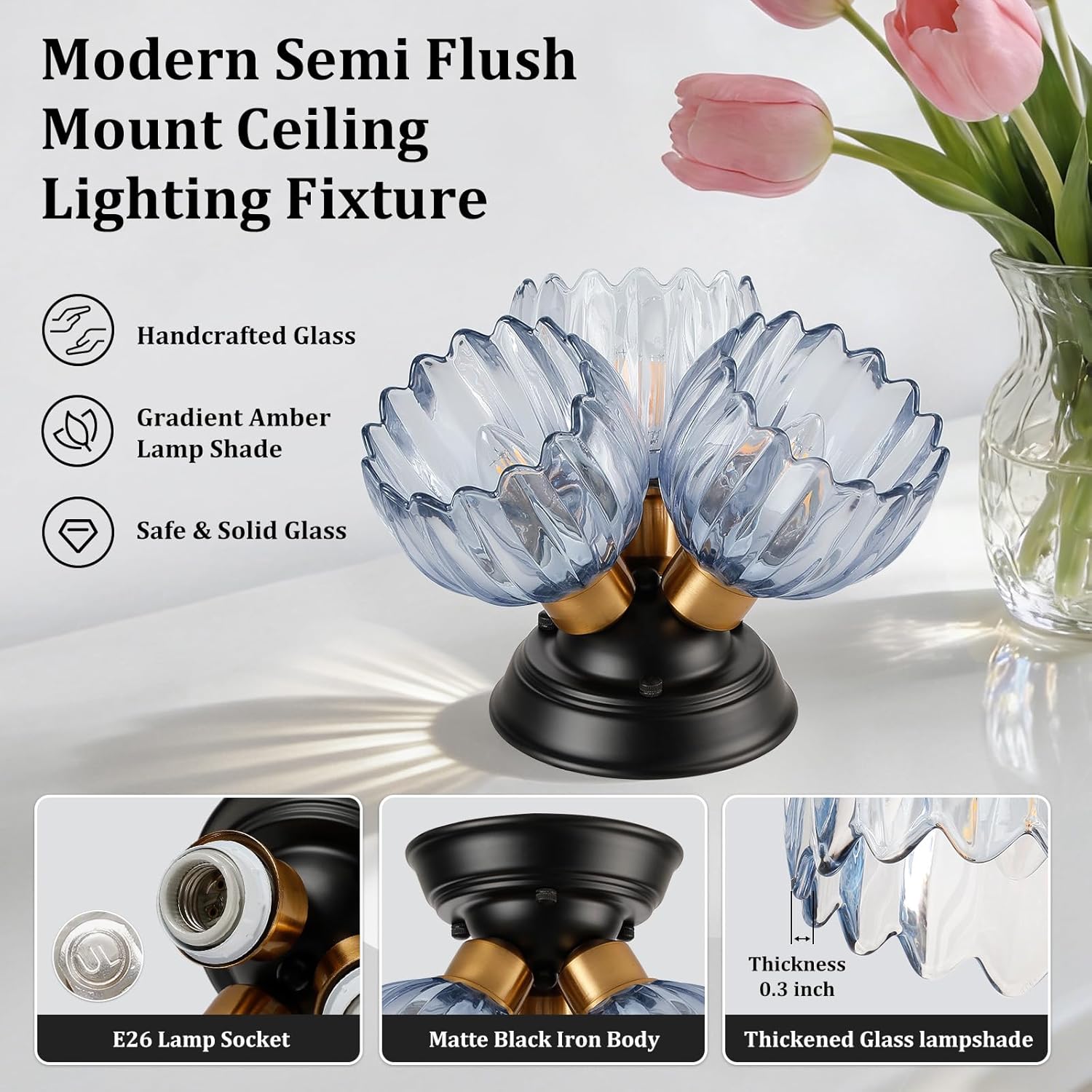 TALOYA Semi Flush Mount Ceiling Light,3-Light Close to Ceiling Light Fixtures with Blue Tulip Glass Shades Modern Farmhouse Lighting Fixtures for Hallway Corridor Kitchen Bathroom Bedroom Passway