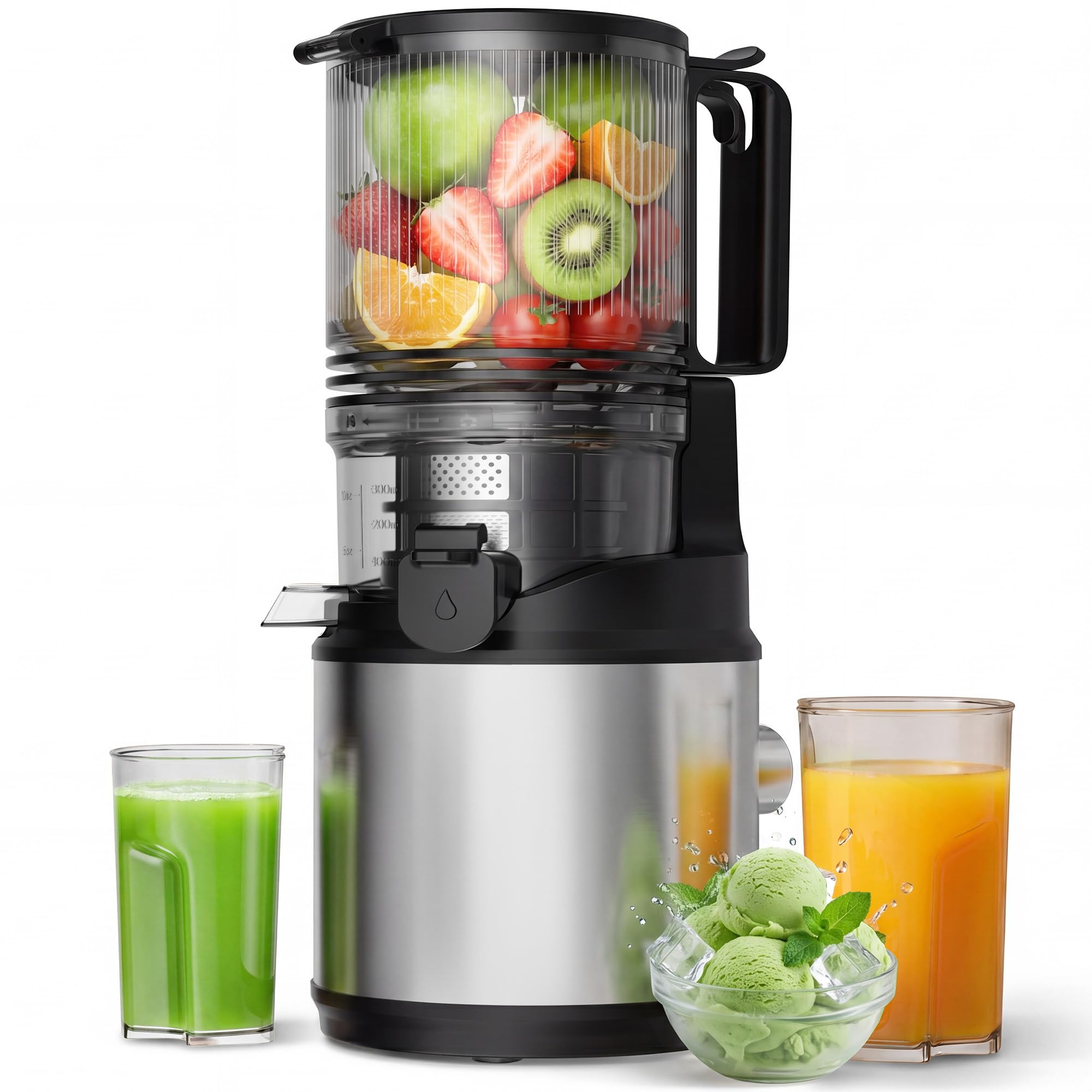 Entsafter Saftpresse mit 130mm Breiter Einfüllschacht 250W Kaltpress Entsafter für Ganze Früchte & Gemüse 2L Slow Juicer mit 2 Gläsern Leicht zu Reinigender BPA-frei Hohe Saftausbeute Entsafter