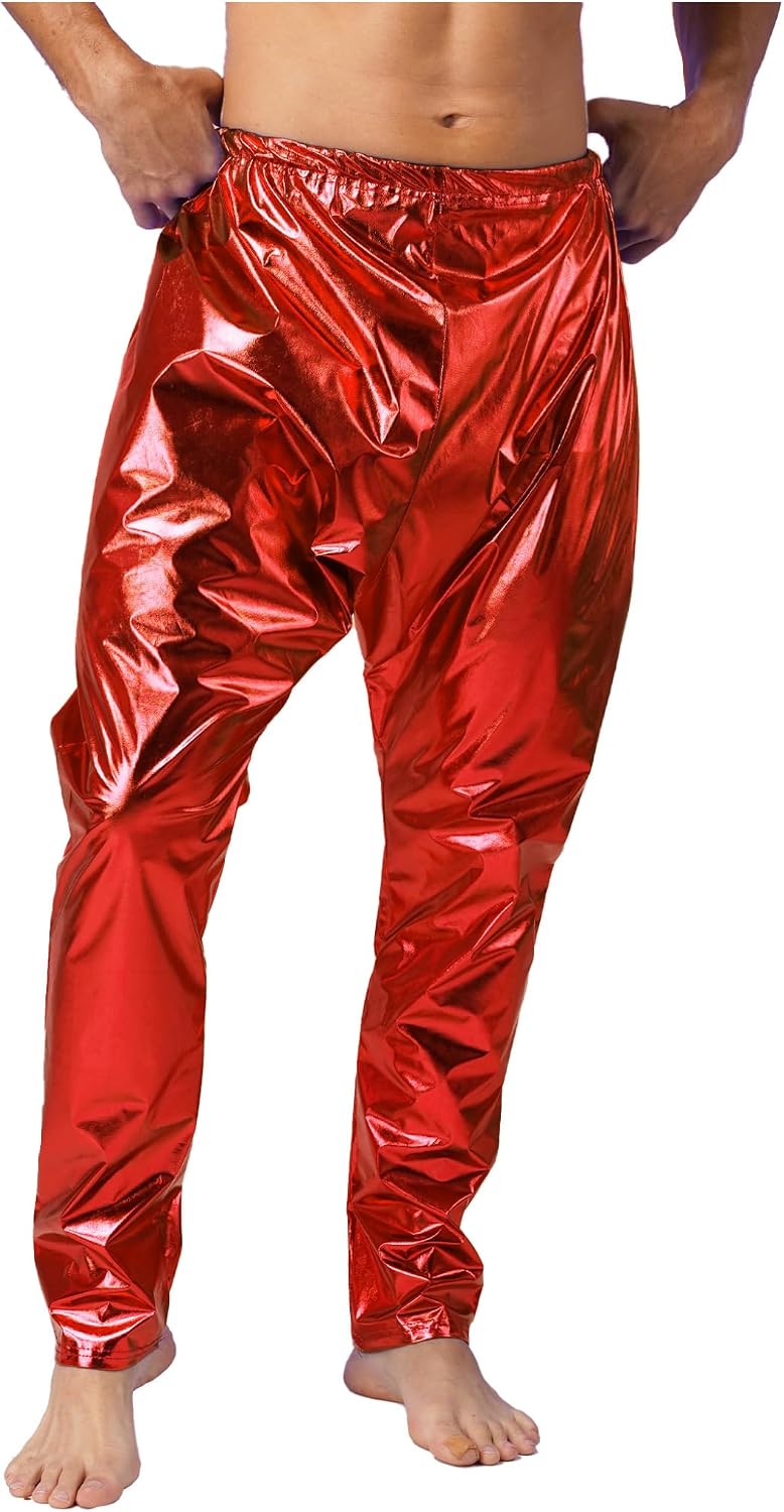 Lejafay Men's Metallic Skinny Harem Pants Leggings Shiny Rave Nightclub Dance Party Tights Trousers