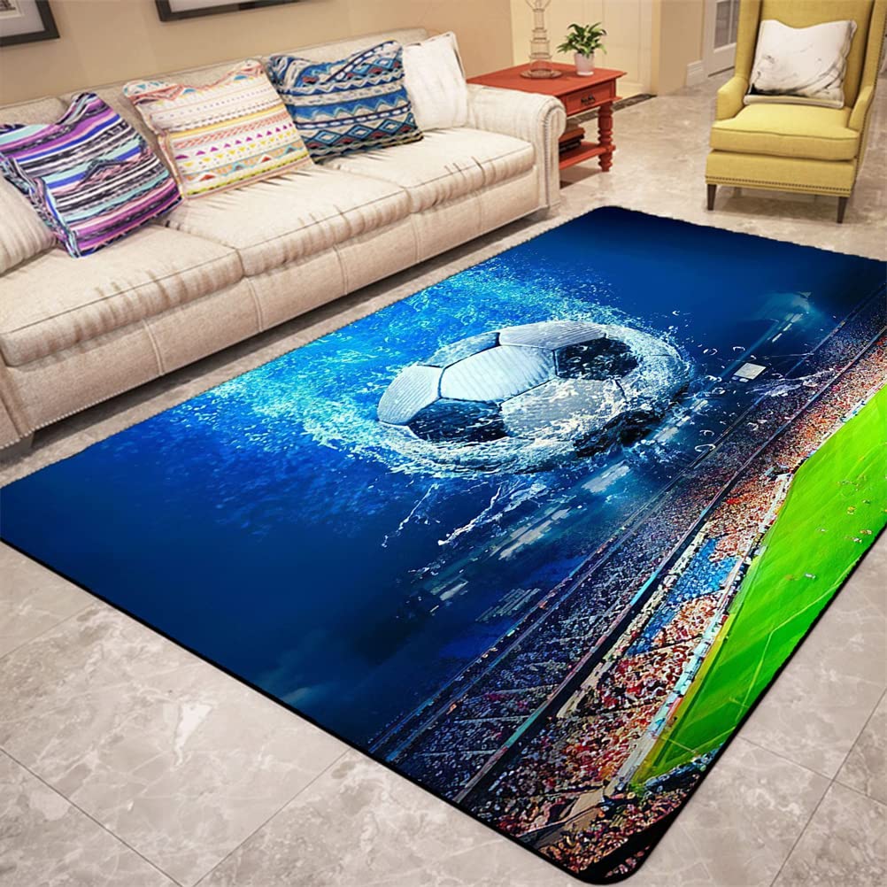 Xisnuient Boys Colour 4 Sport Football Printed Area Rug, Large Living Room Rug Flannel Creative Football Field Rug Teen Kids Play Floor Mat Soft Runner Blue Green Kids Bedroom Rug Anti-Slip (,120X160 Cm)