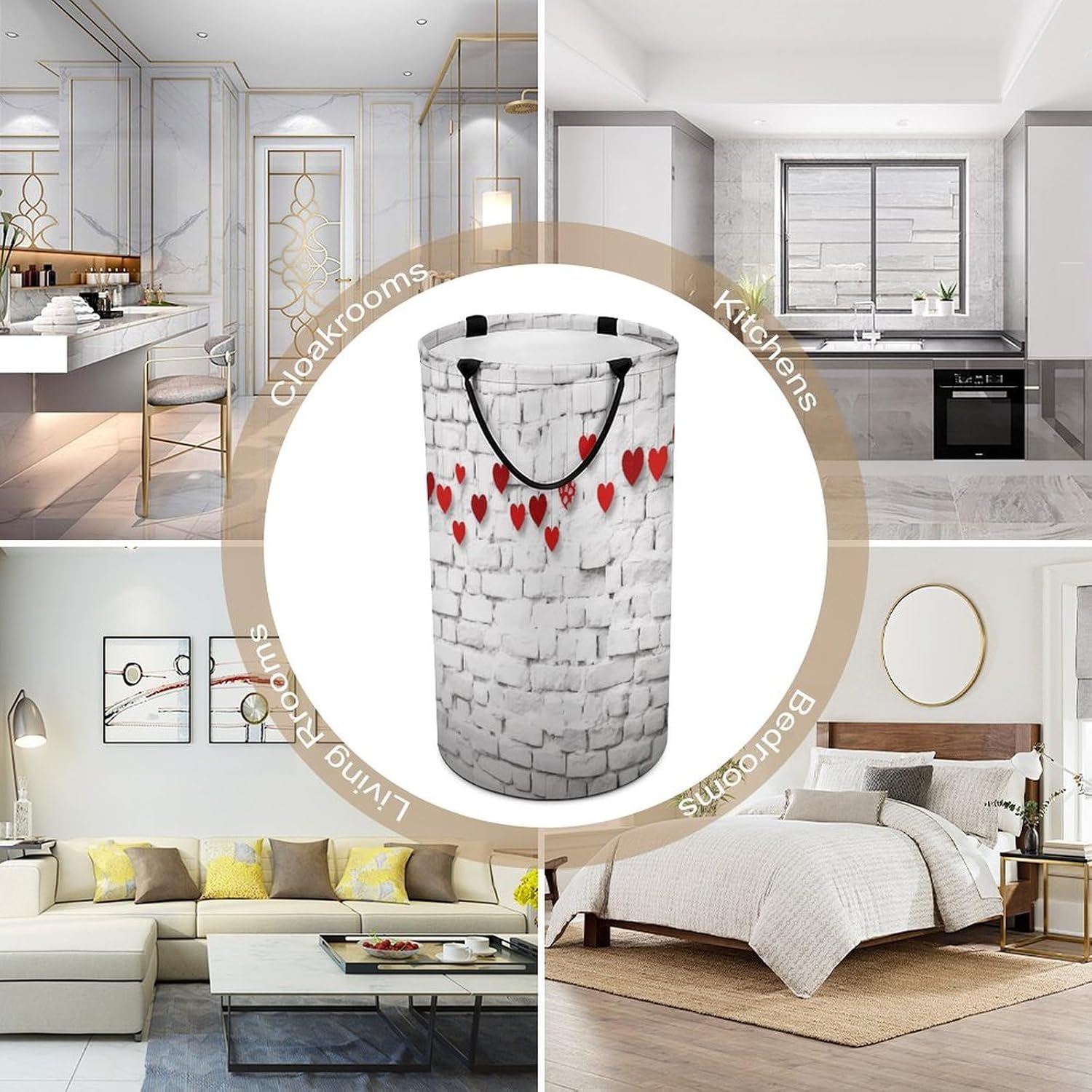 Red Hearts on White Brick WallLaundry Hamper - Large Dirty Clothes Bag.Storage Basket for Easy Carry Handles. Large Clothes Basket with Handles, Clothing Storage Bucket Toy Organizer for Bathroom Bed