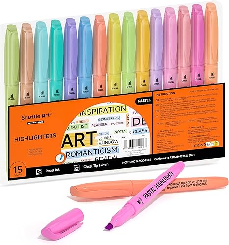 Shuttle Art Resaltadores, 15 colores pastel resaltadores de colores surtidos, punta de cincel de secado rápido, marcadores no tóxicos para adultos y