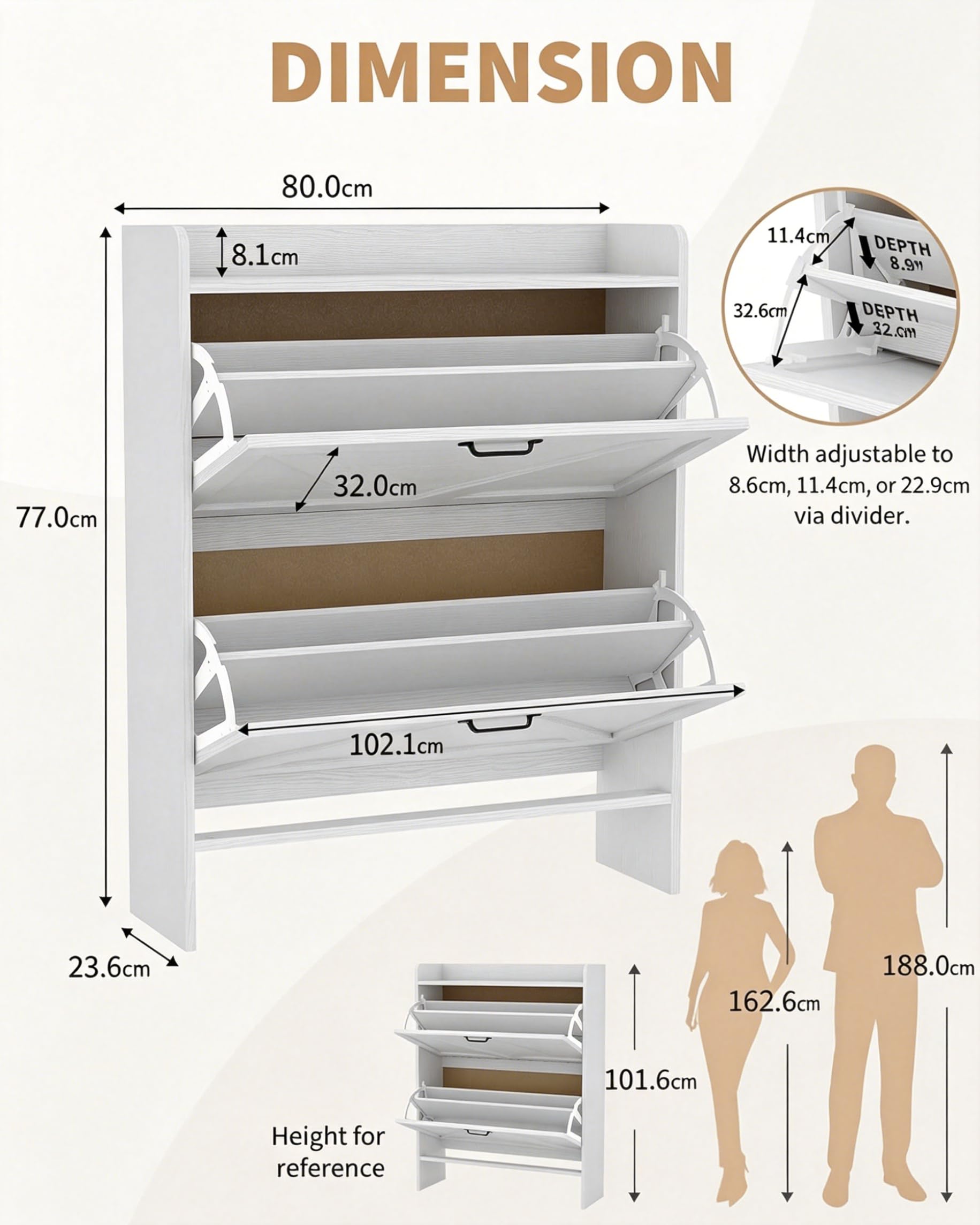 Breit 80 X24x100 Hoch cm Schuhschrank Mit 2 Klappen, Verstellbare Zweistufige Regalböden, Schmal Schuhkipper Schrank Shoe Cabinet für Flur, Weiß