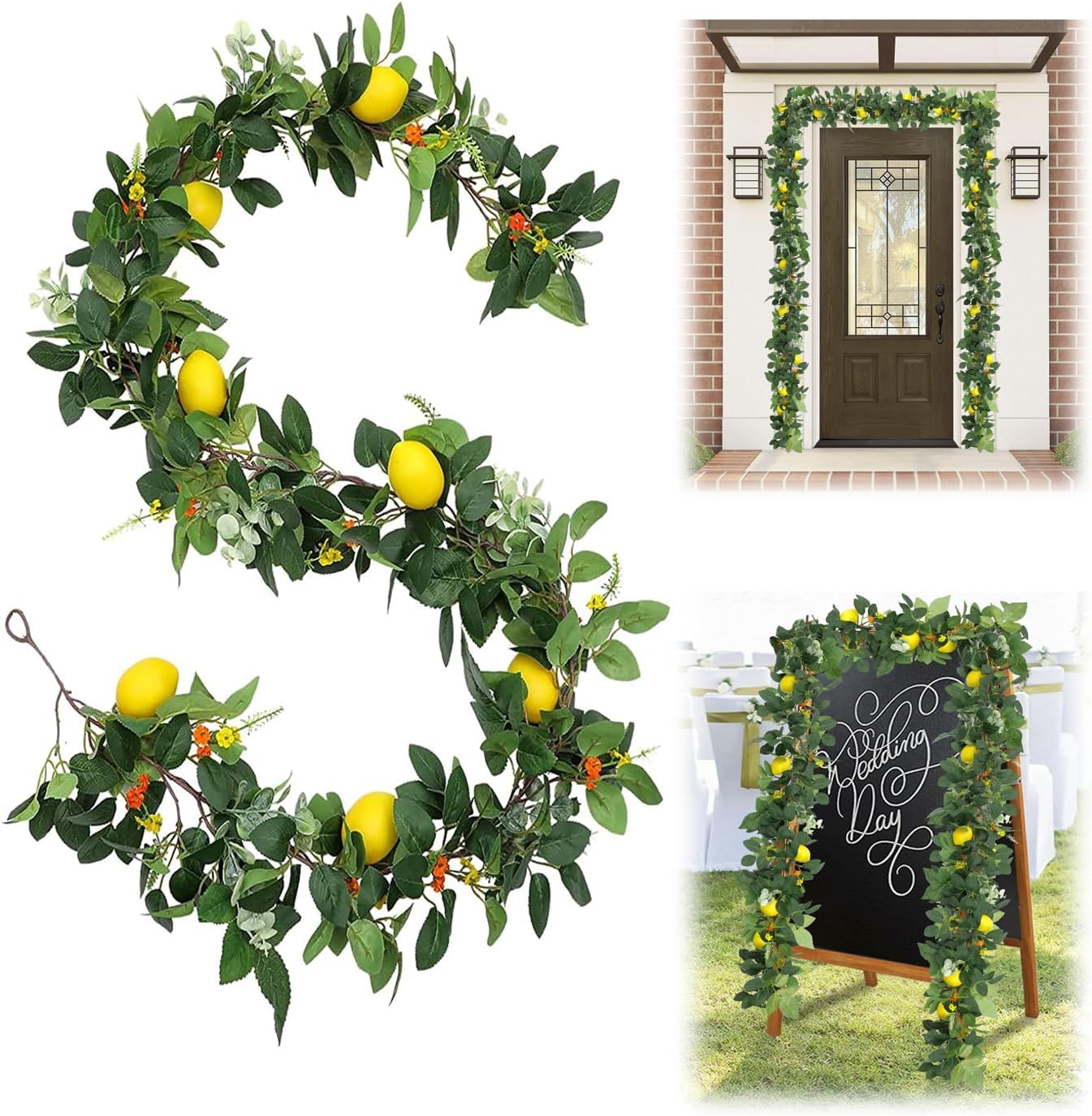 SYOSI 6 Ft Artificial Lemon Garland, Spring Greenery Garland with Lemons and Flowers, Summer Fruit Garland Wreath for Front Door Wall Table Wedding Decor