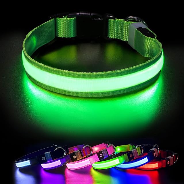 Light Up Dog Collar, LED Dog Collar Light USB Rechargeable and 100% Waterproof, 7 Colors Change Glowing Dogs Collar Super Bright Dog Light Up Collar for the Dark for Small Medium Large Dogs, Green M