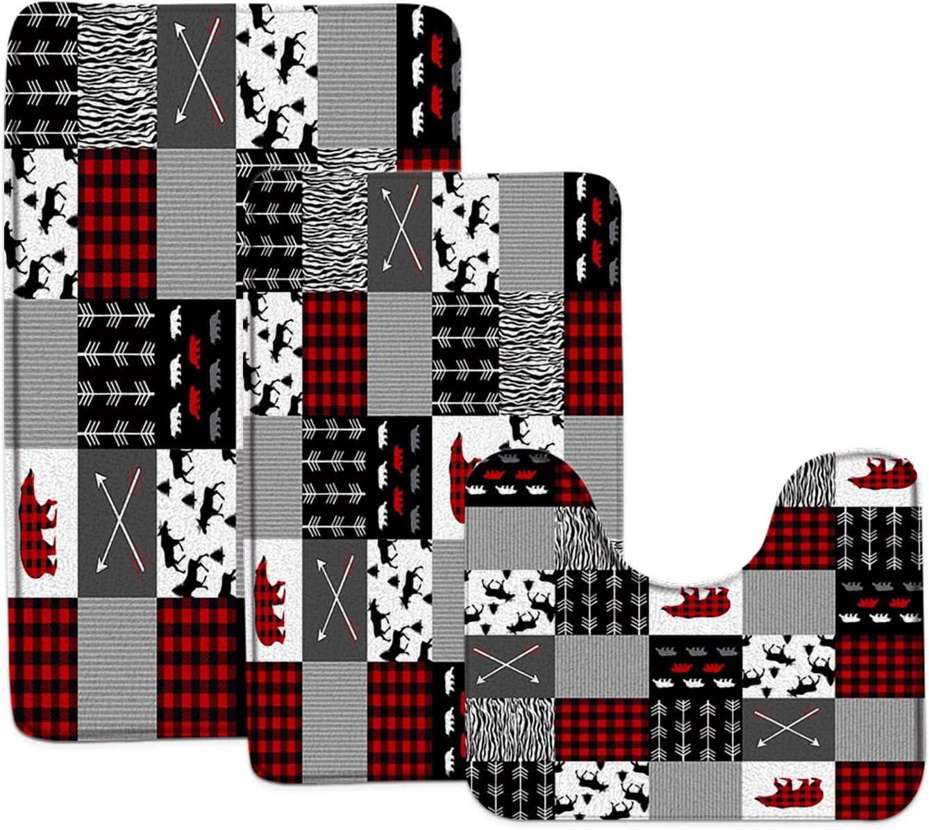 Rustic Cabin 3 Piece Bathroom Rug Sets,Bear Deer Wildlife Red Black Checkered Plaid Zebra Striped Geometric 24"x36" and 24"x48" Bath Mats,U Shaped Toilet
