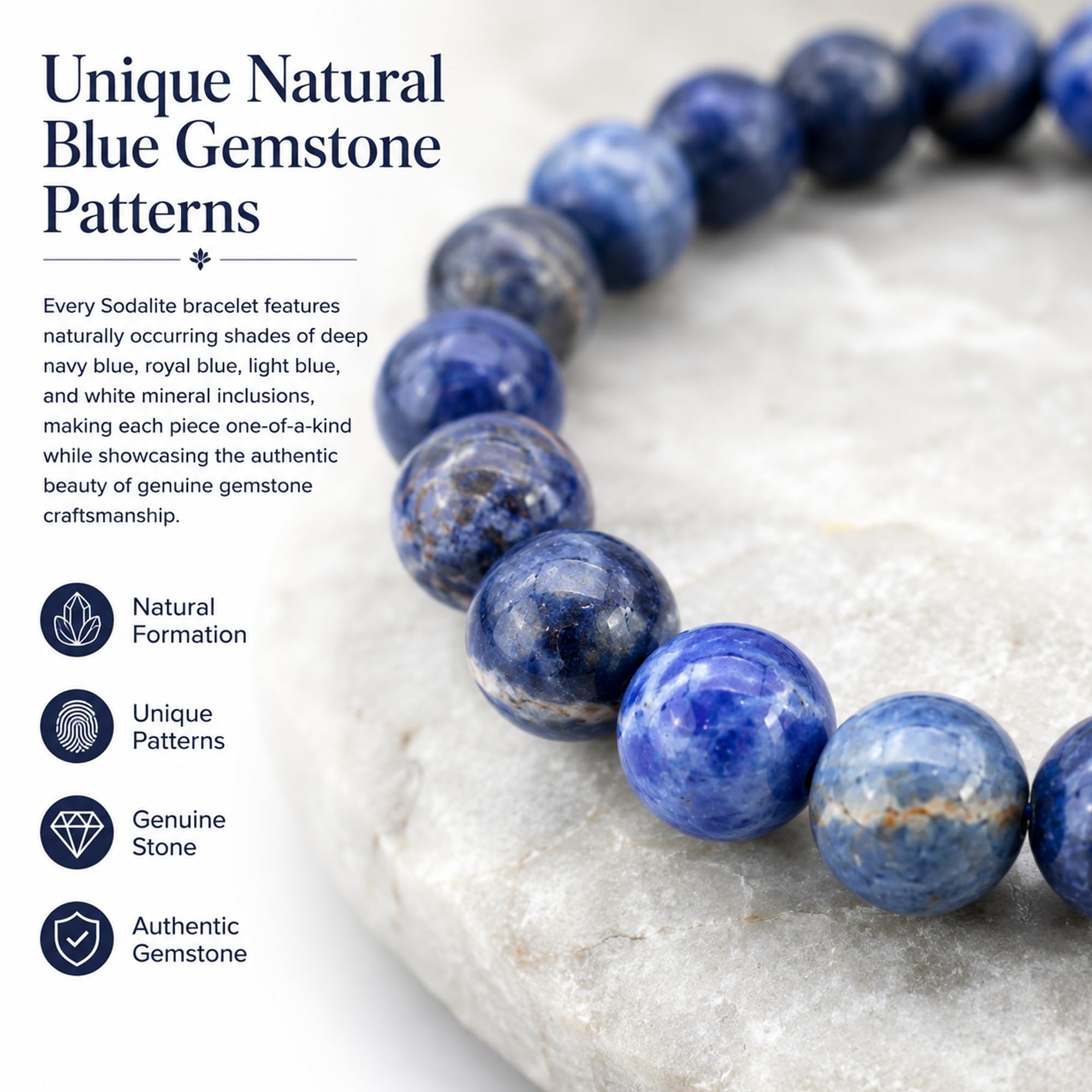 Serein Sodalite Bracelet 8mm Round Beads Natural Healing Crystal Blue Crystal Stretch Bracelet for Clarity, Confidence, Focus, Communication & Positive Energy, Wisdom & Clarity for Men & Women 2