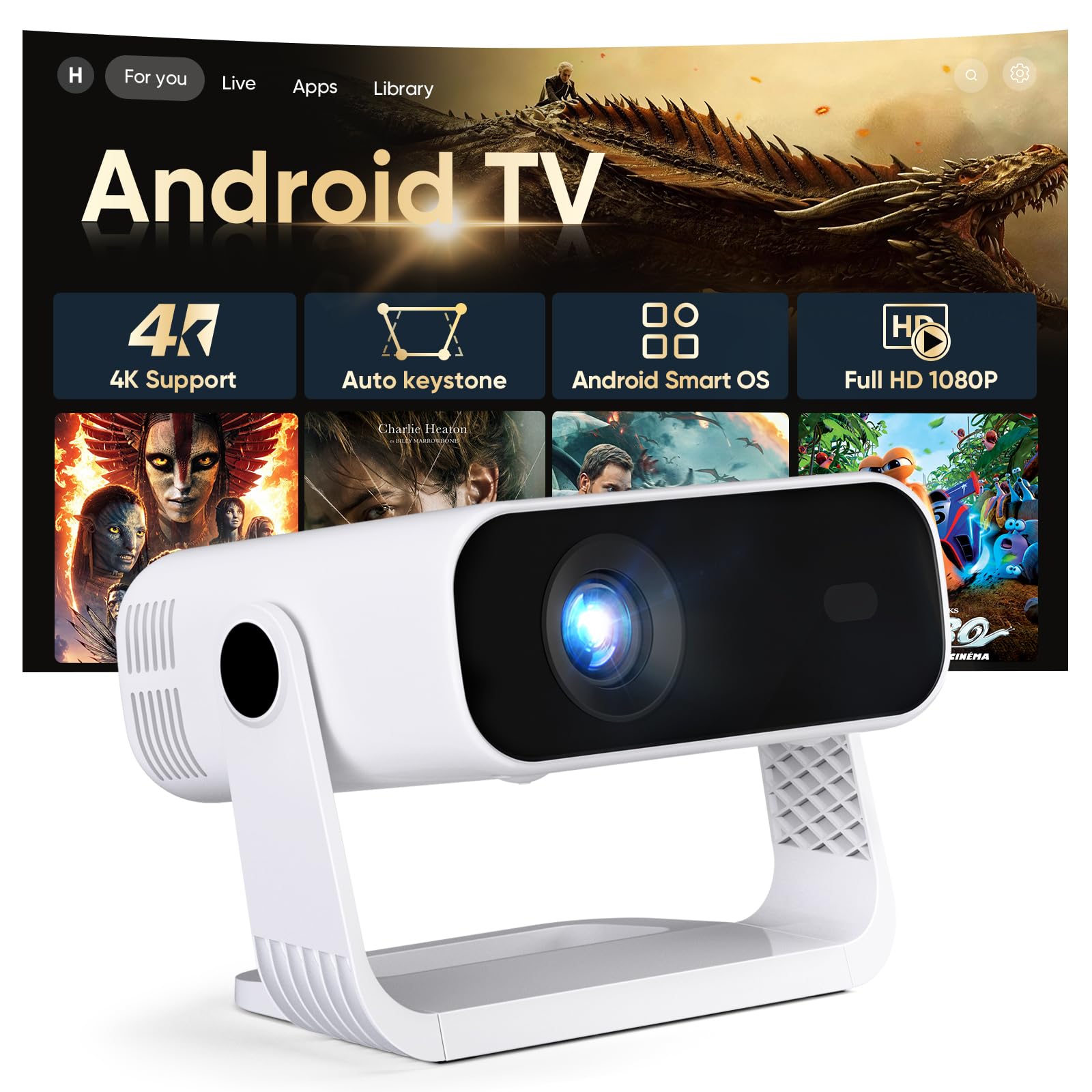 2026 New Smart Projector Built-in Apps, Android 14, Native 1080P 4K Supported WiFi 6 Bluetooth 5.2, 30001Lumens, Low Fan Noise (<30dB), Home Cinema Projector for iOS/Switch /PS5(White-Black)