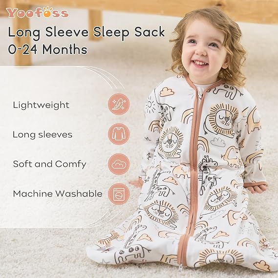 Yoofoss Baby Sleep Sack 0-6 Months Long Sleeve Wearable Blanket Baby 100% Cotton 2-Way Zipper 0.5 Tog Newborn Sleeping Sack, Lightweight(Small)